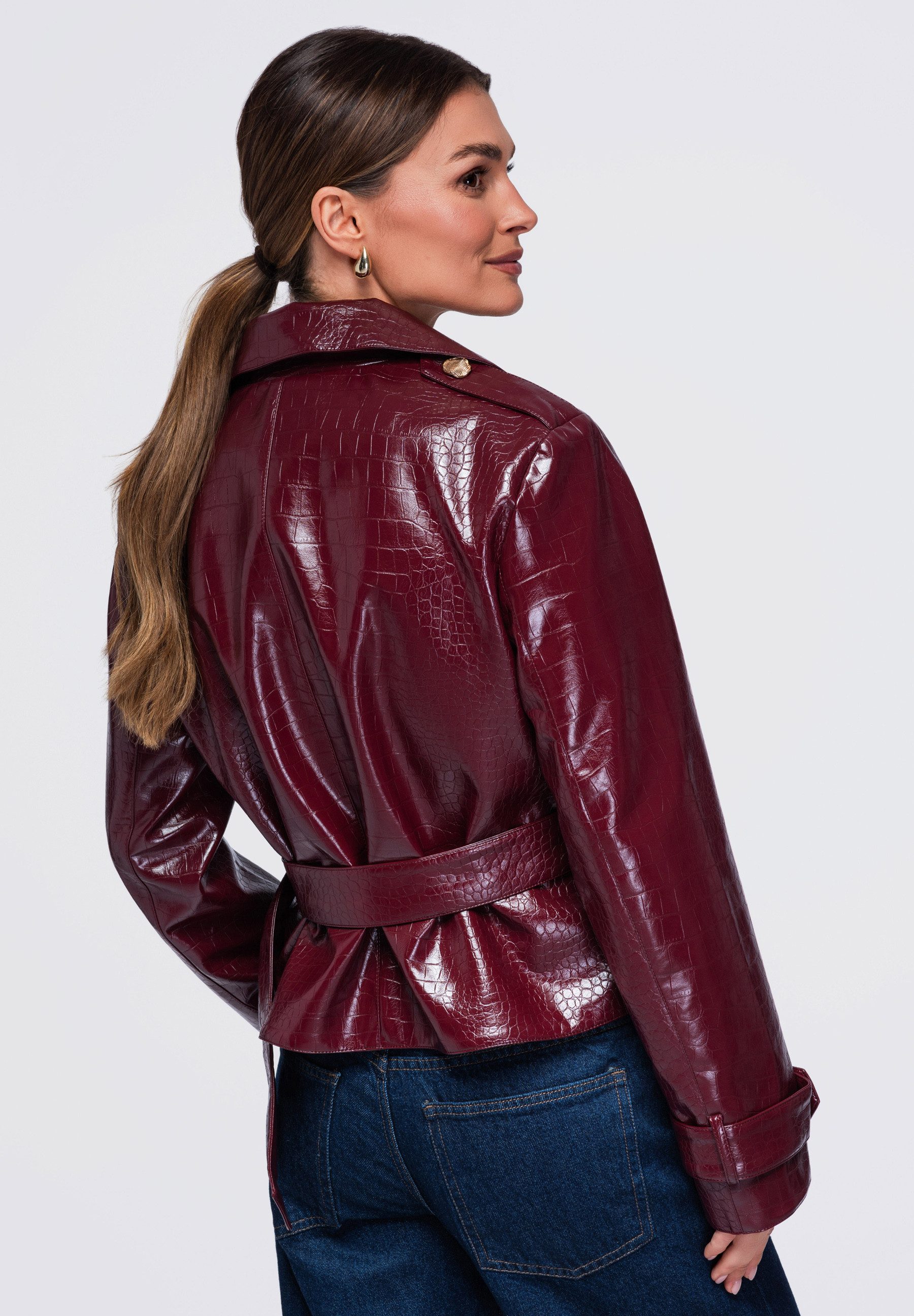 OMBRE Lederimitatjacke Damen Lederimitatjacke mit Taillengürtel Bordeaux M (kein Set, 1-St)