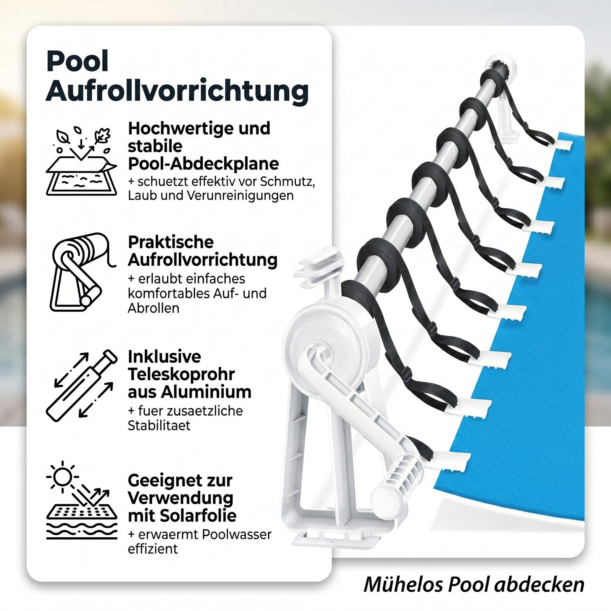 Mucola Pool-Abdeckplane Pool Aufroller Aufrollvorrichtung Stange Poolabdeckung Solarfolie 1-6 (Stück, 1-St., Aufroller einzeln), Hochwertiges, stabiles Gestell