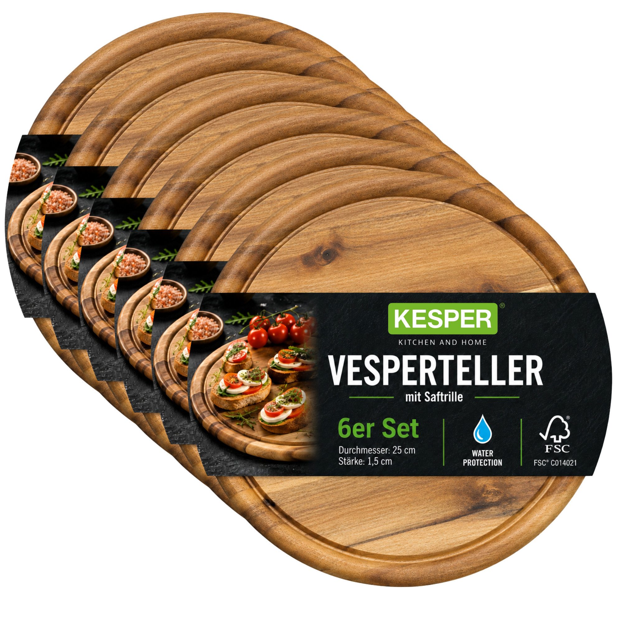 KESPER® Servierbrett Vesperteller, Akazie, FSC, Akazienholz, (Set, 6-St), 6er Set