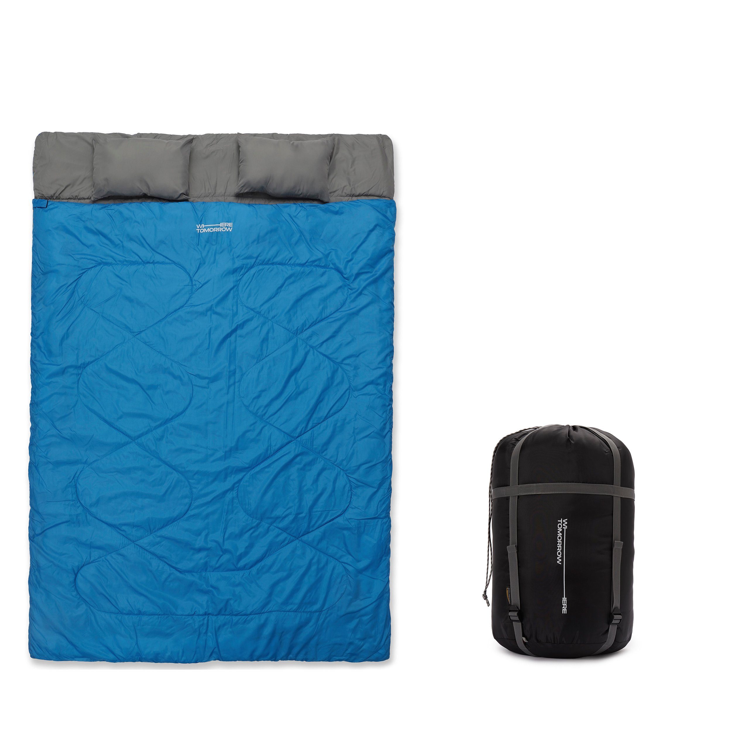 Hüttenschlafsack groß Royalblau 2-Personen 190x30x150cm atmungsaktiv wasserabweisend, Lumaland - Doppelschlafsack Schlafsack Kopfkissen,