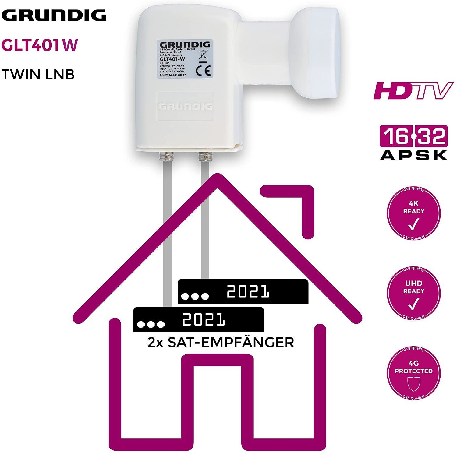 (LTE HDTV, - Universal-Twin-LNB GSS Filter + Aufdrehhilfe LNB 401 Full Weiss HD, - GLT Twin 0.1dB,Wetterschutz) 4K,
