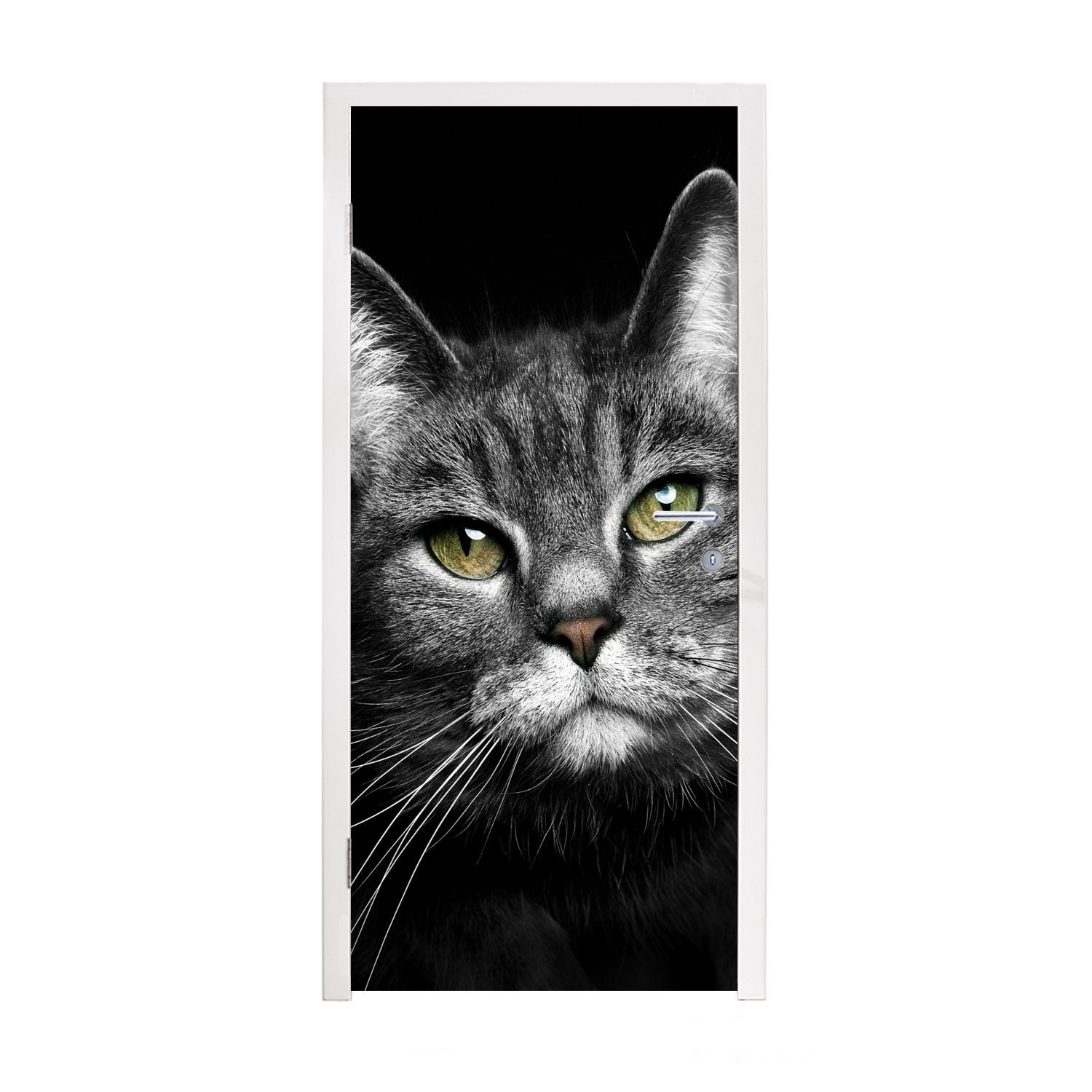 MuchoWow Türtapete Haustiere - Katze - Tiere - Schwarz - Weiß, Matt, bedruckt, (1 St), Fototapete für Tür, Türaufkleber, 75x205 cm