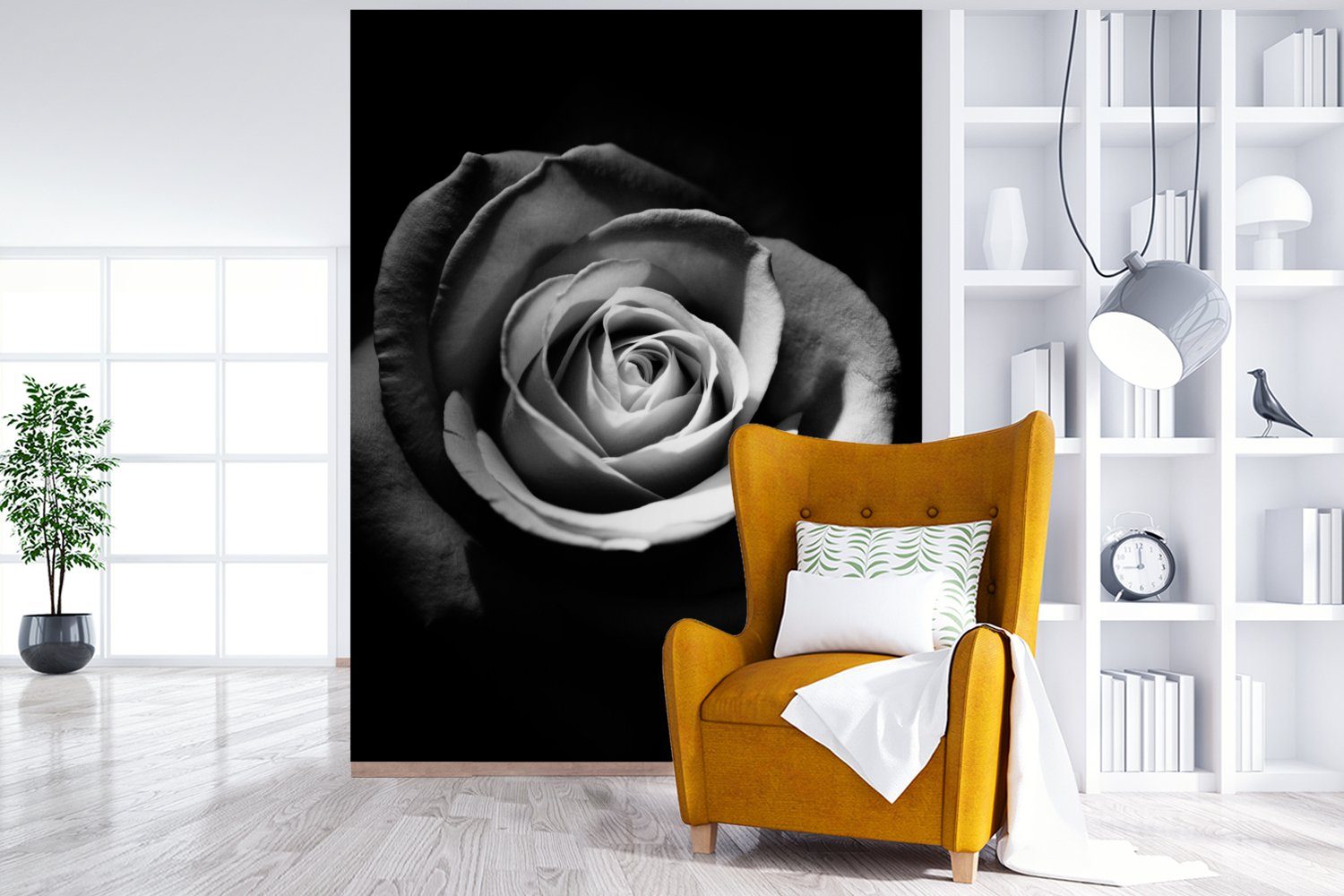 MuchoWow Fototapete Blumen - Vinyl Tapete St), Schwarz Wohnzimmer, Matt, Botanisch, Wandtapete - Weiß Montagefertig - Rose bedruckt, - für (4