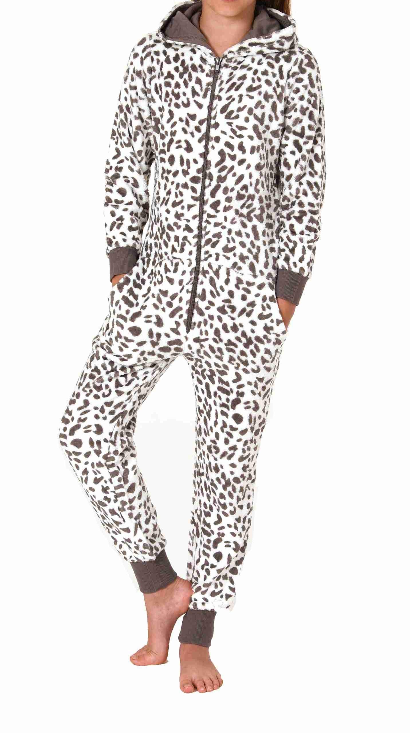 Normann Pyjama Mädchen Schlafanzug Einteiler Jumpsuit aus Coralfleece im Animal Look