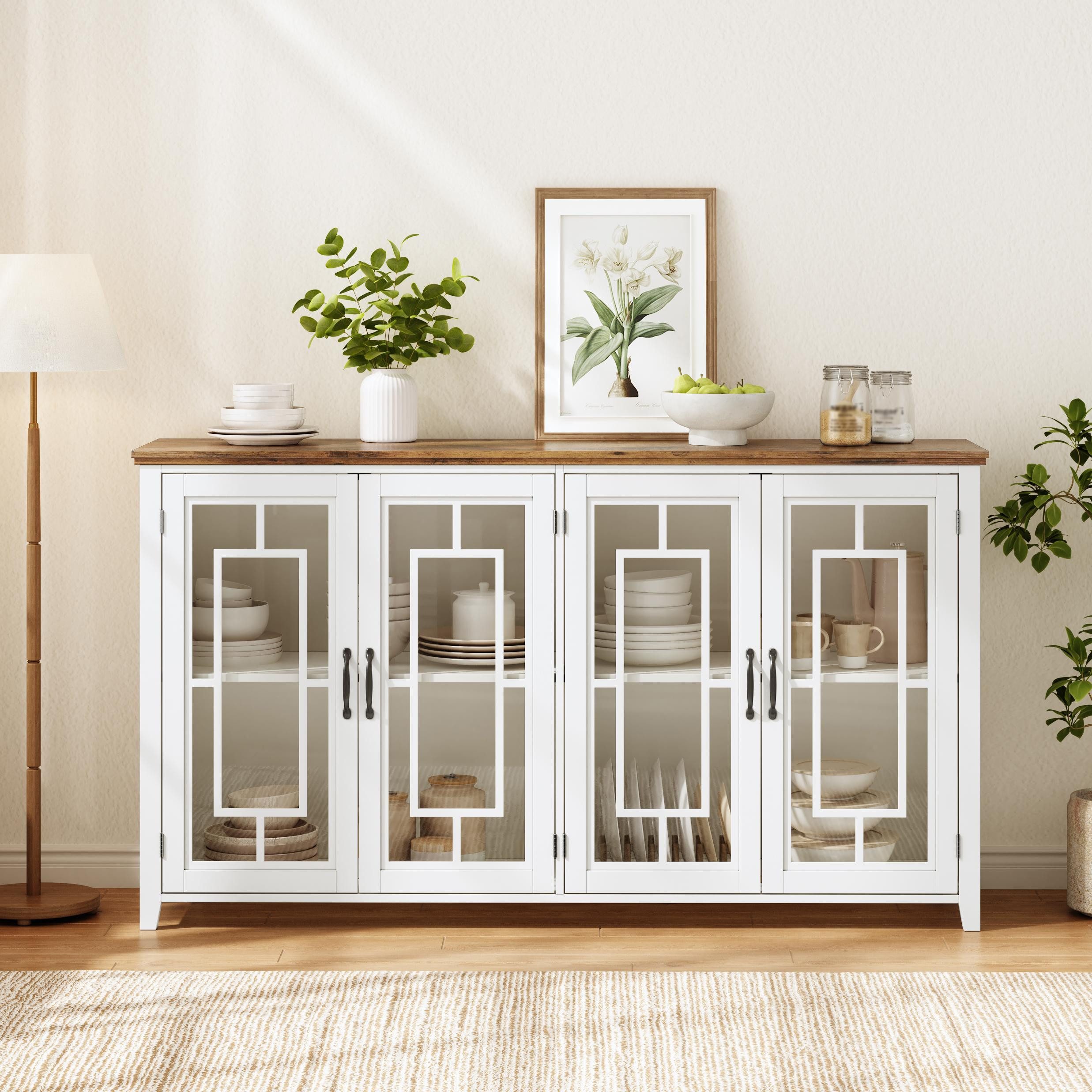 Flieks Sideboard Kommode mit 4 Glastüren und Arbeitsplatte in Holzoptik (160x40x86 cm, 1 St., Schrank für Esszimmer, Wohnzimmer und Schlafzimmer), Mehrzweckschrank Küchenschrank Multifunktionsschrank Weiß