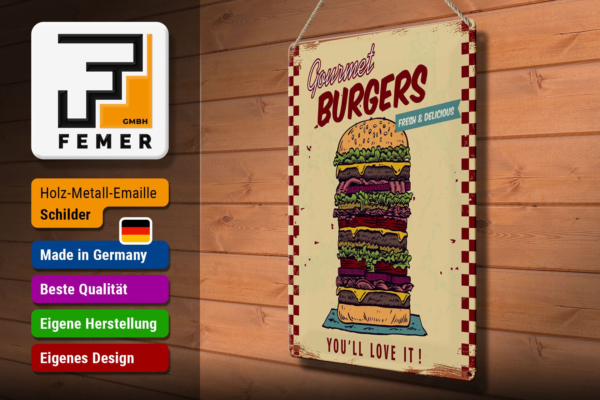 Femer GmbH Metallschild Reklame 30x40 cm Gourmet Burgers, (1 St), gewölbte Oberfläche, abgerundete Ecken, umgeschlagene Kanten