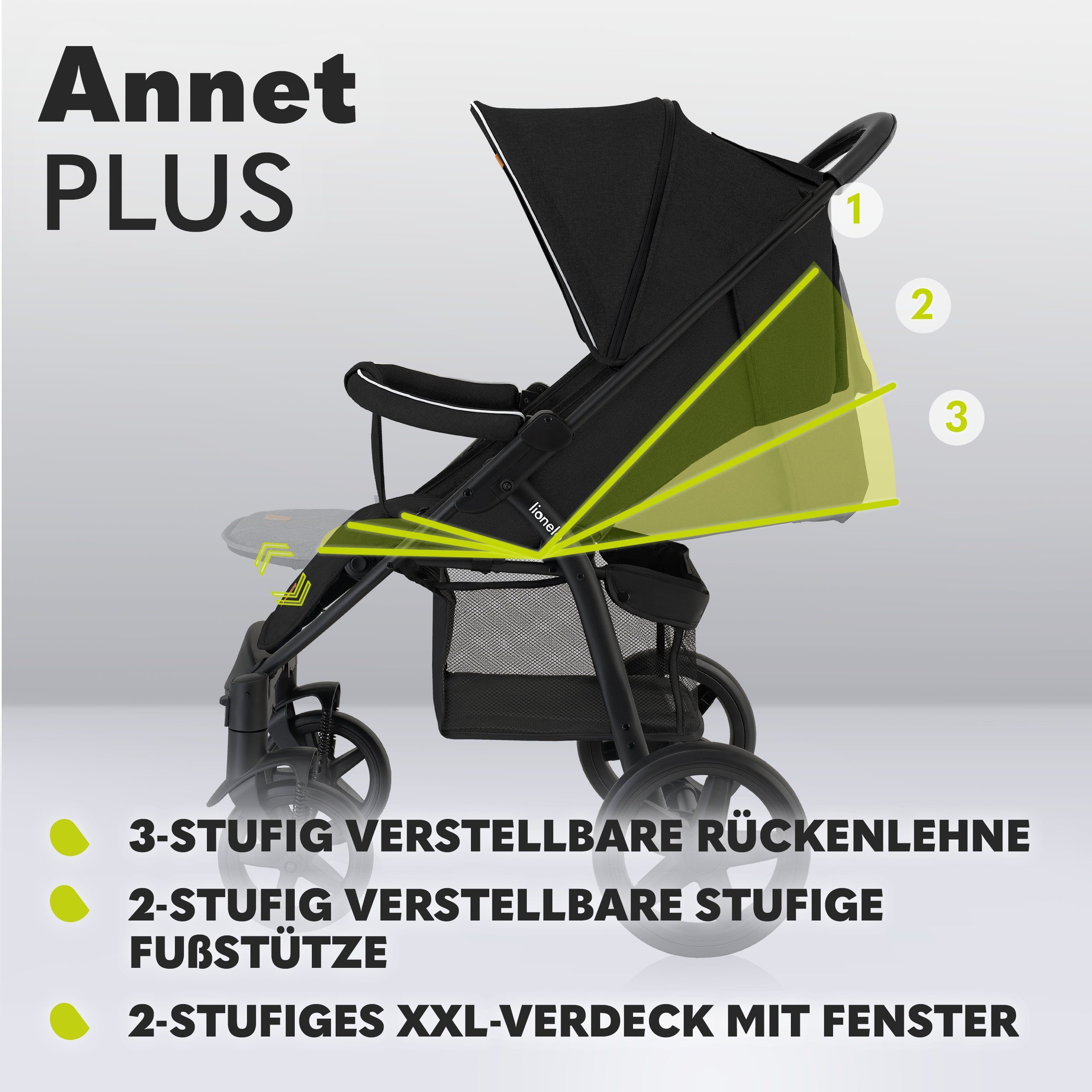 lionelo Kinder-Buggy ANNET PLUS, Fußdecke, großer Korb, ab 0 bis 36 Monate