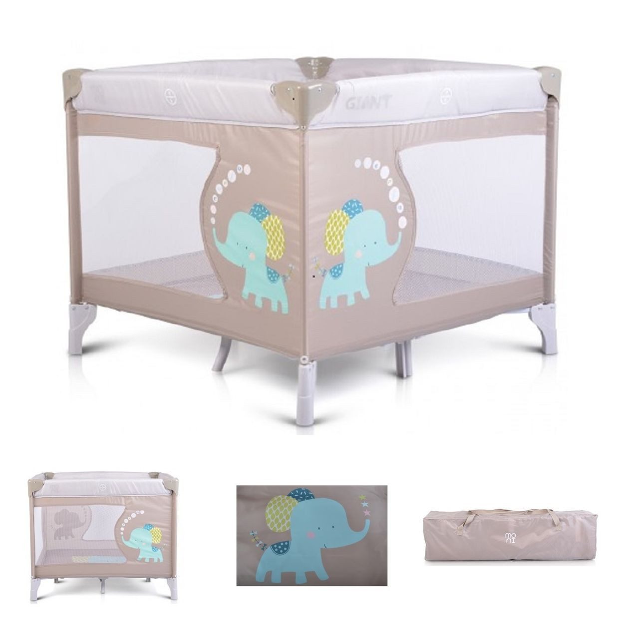 Moni Laufstall Giant, 93 x 93 cm, klappbar, Babyreisebett, Tragetasche, Sichtfenster