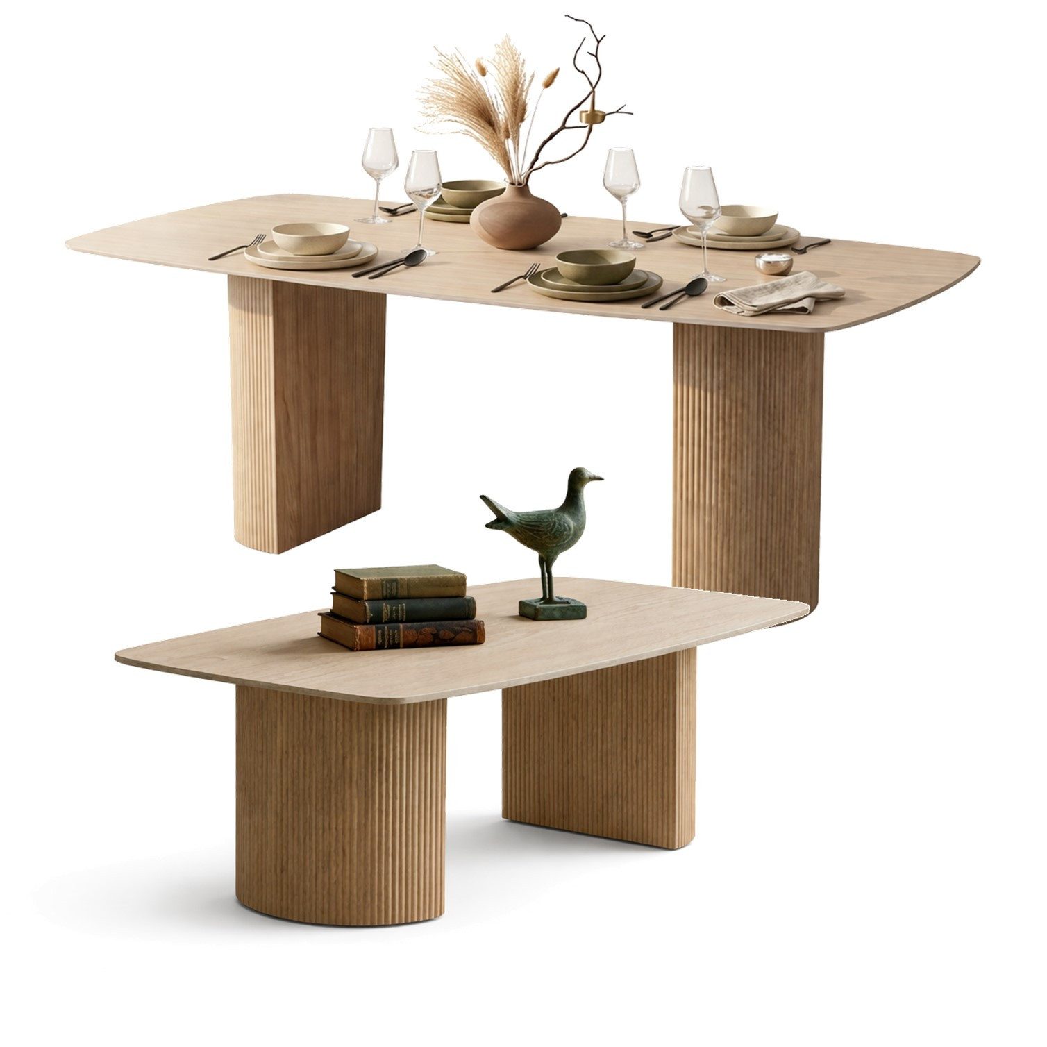 HOOZ Wohnzimmertisch Esstisch & Couchtisch Set 180x90,130x70cm Traventin-Optik, Keramik (Set, 2-St., 1× Esstisch, 1× Couchtisch), Keramik-Tischplatte, Travertin-Optik (marmoriert), pflegeleicht