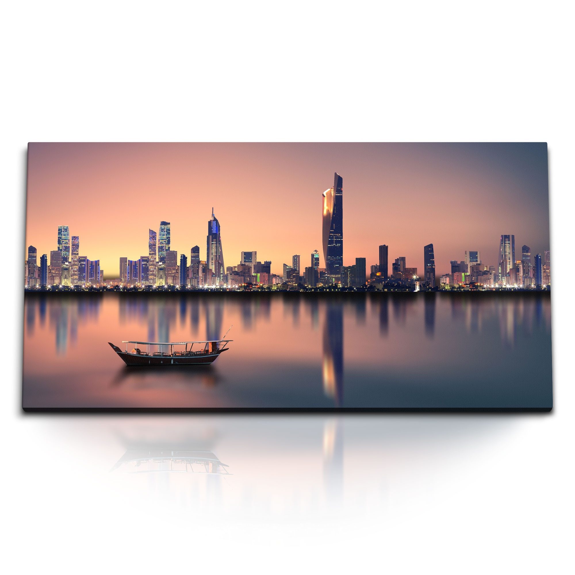 Leinwandbild Kunstdruck Bilder 120x60cm Kuwait Skyline Meer Abenddämmerung Boot Wol