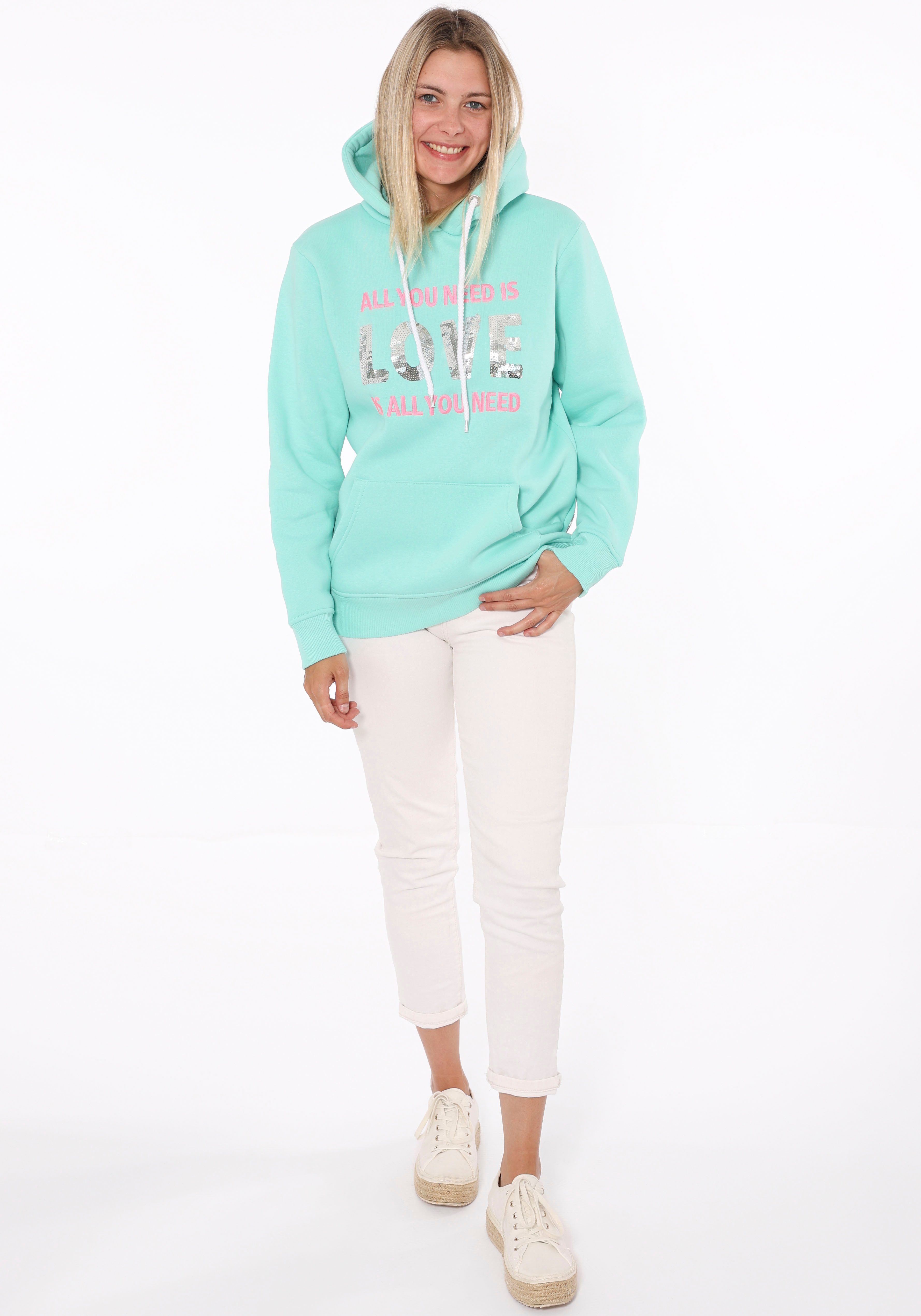 Zwillingsherz Hoodie "Love is all you need ZH" Pailettenherzen am Rücken günstig online kaufen