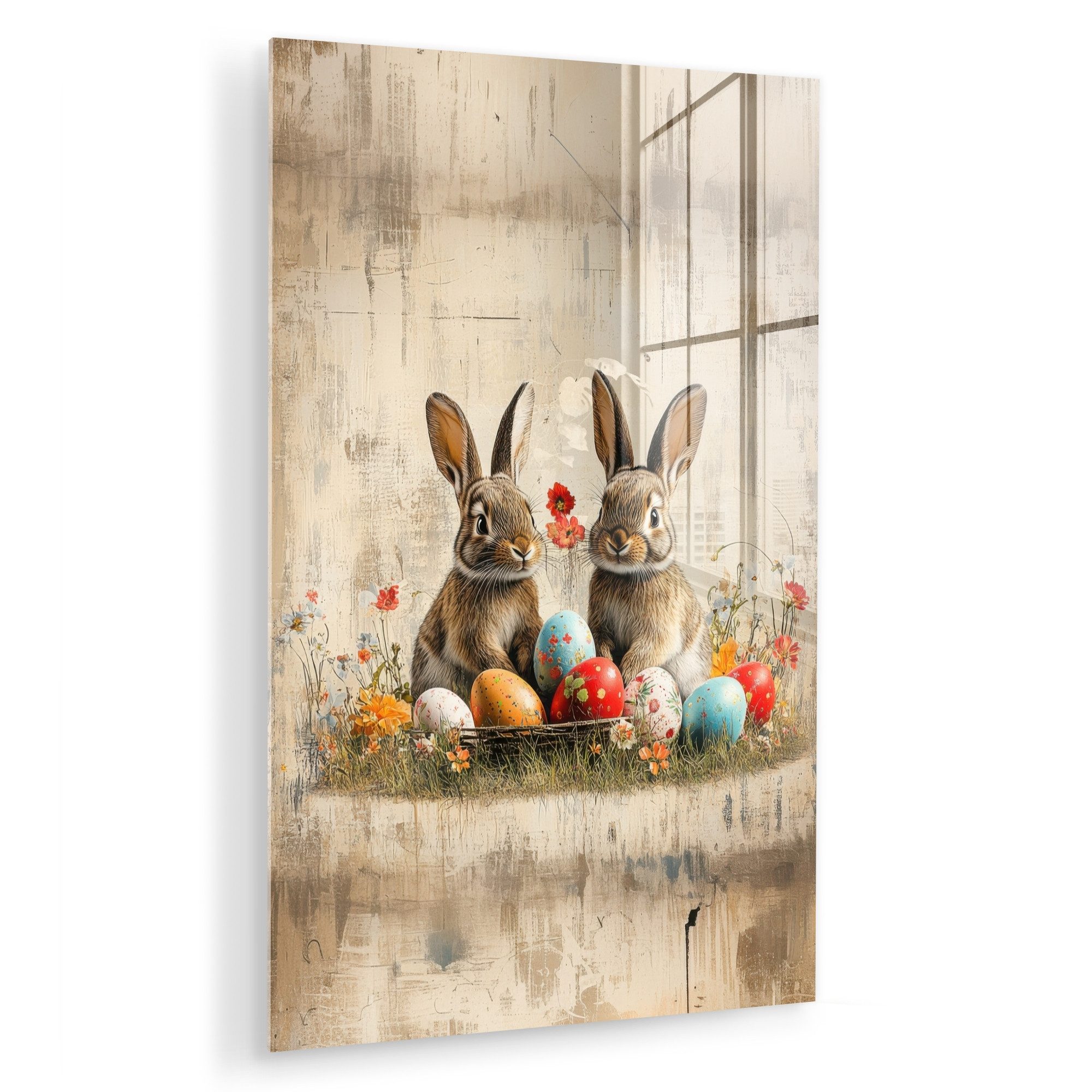 MuchoWow Acrylglasbild Kaninchen - Blumen - Eier, Inkl. Aufhängung, Dekoration Wohnzimmer auf Glas, Wand Bilder Deko XXL, 80x120 cm