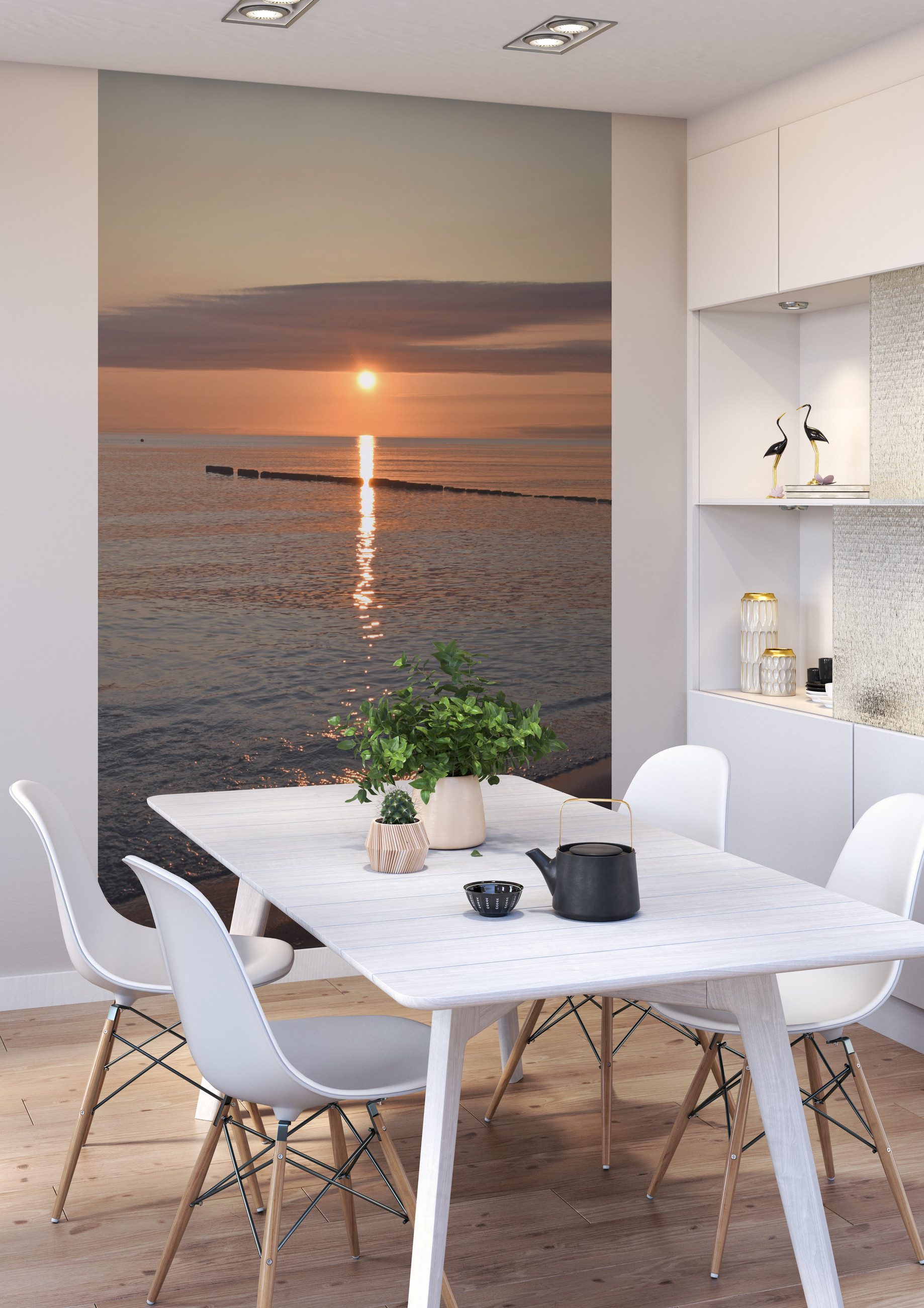 Rasch Fototapete Strand mit Sonnenuntergang - 2,65m x 1,59m, glatt, Strand, (1 St), Sonnenuntergang