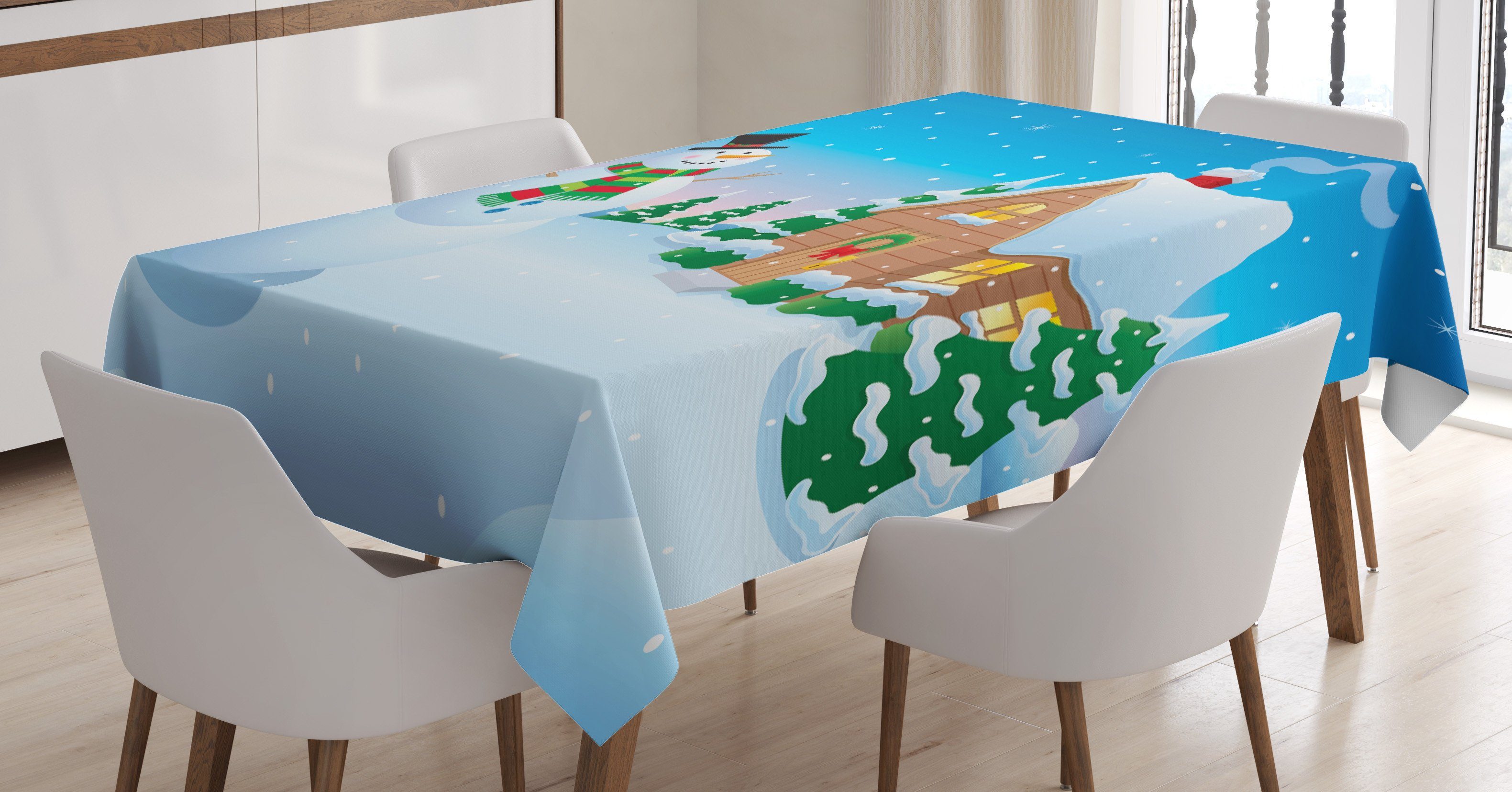 Abakuhaus Haus Waschbar Tischdecke Für Farben, Klare Außen den Frohe geeignet Bereich und Snowy-Bäume Schneemann Farbfest