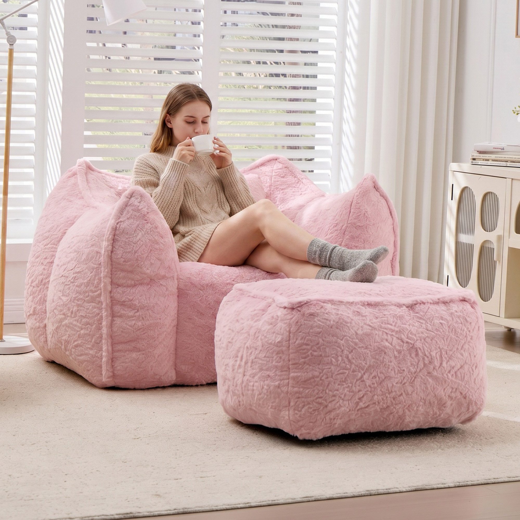 Vankel Relaxliege Sofas Wohnzimmer Loungesessel mit Hocker aus Kunstfell weich, Bean Bag Sessel mit Fußhocker, Schaumstofffüllung & Komfort