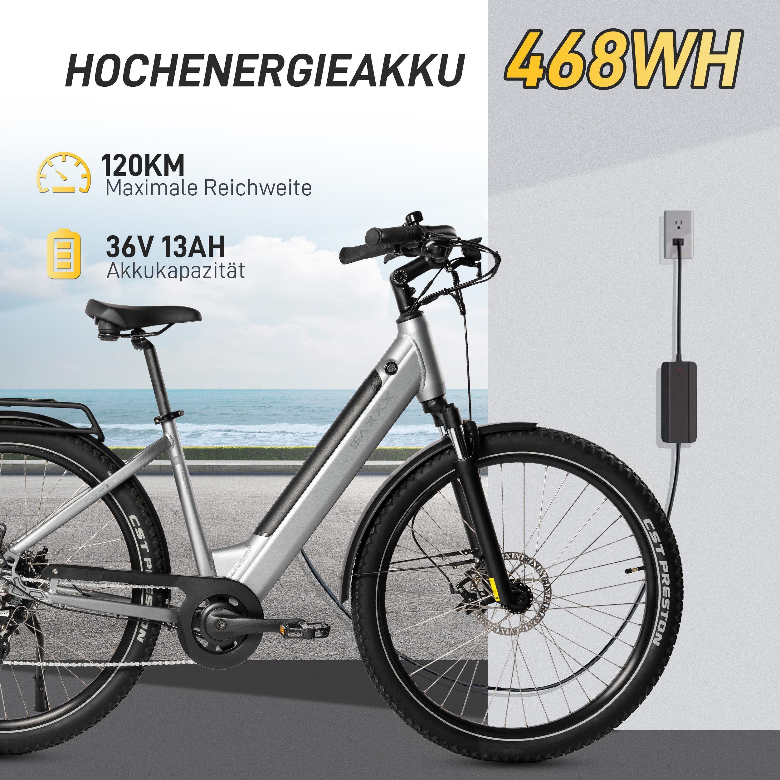 SAXXX E-Bike Cityrad Damen Herren 28x2,35", SAXXX SUV, 468 Wh, 120 km, 95 % vormontiert, 7 Gang SHIMANO Altus Schaltwerk, Kettenschaltung, Hinterradmotor, 468 Wh, (mit Tiefeinstieg, mit Gepacktrager, abnehmbarer Akku), 250W Heckmotor, Pedelec E-Citybike, Elektrofahrrad mit 45cm Rahmenhöhe