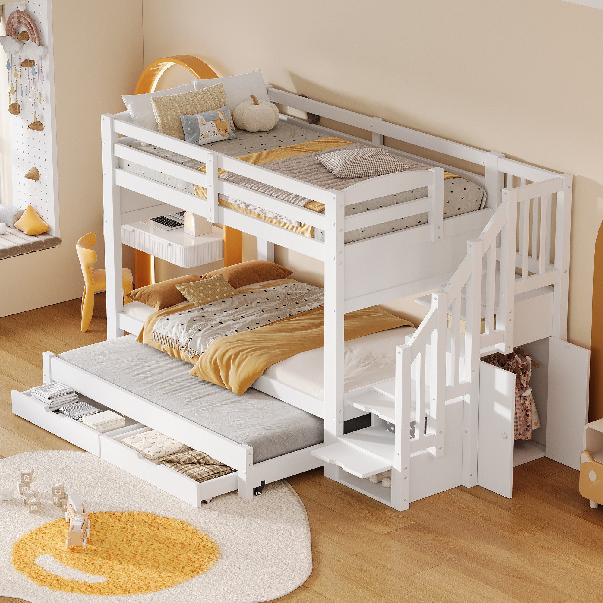 Ulife Etagenbett mit Ausziehbett, 2 Schubladen, Aufbewahrungstreppe und Kleiderschrank, Jugendbett, Kinderbett, Drei Schlafplätze, Maße 90x200 cm