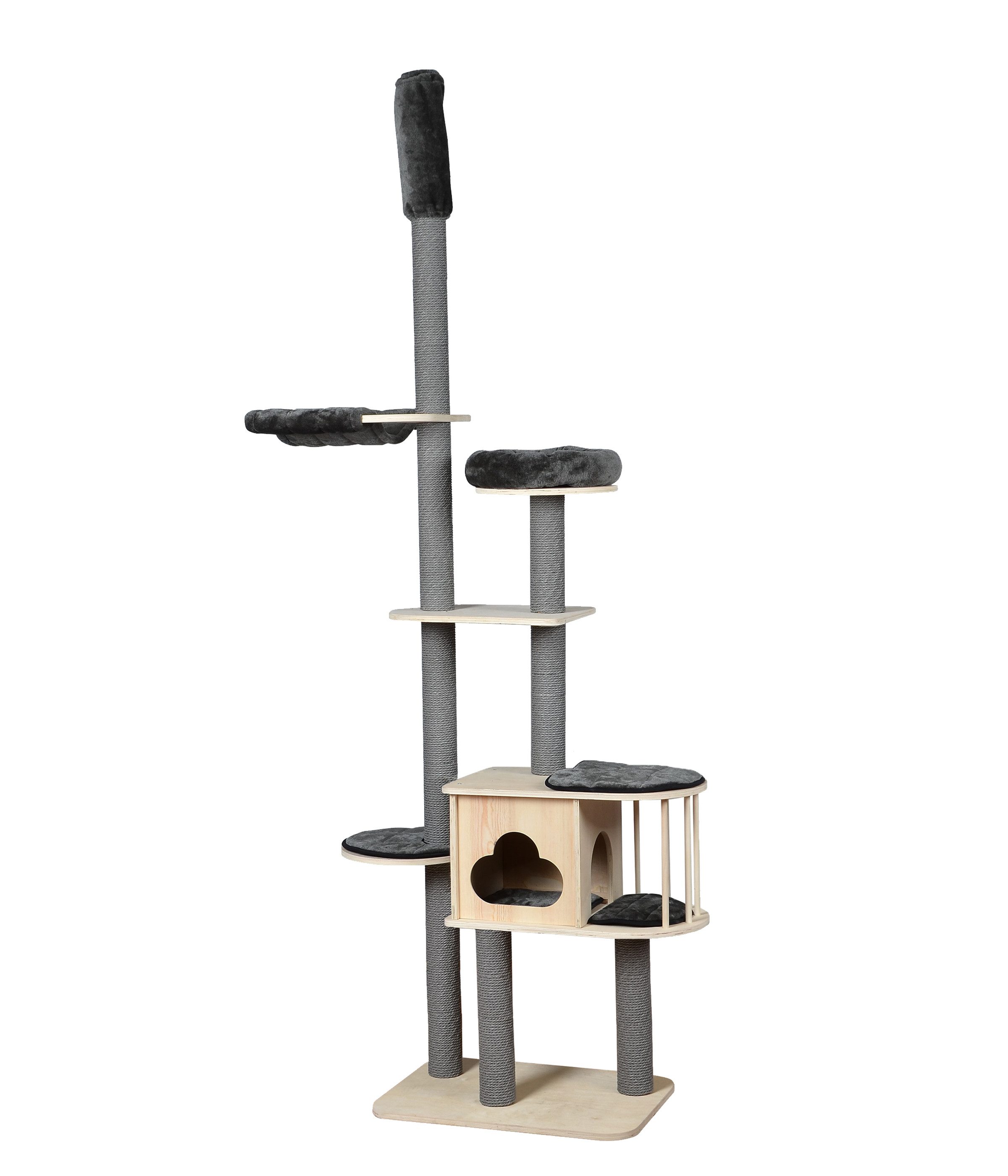 Dehner Kratzbaum Bombay für Katzen, ca.68 x 234-259 x 48 cm, braun/grau, höhenverstellbar, Plüsch / Spanplatte / Papier