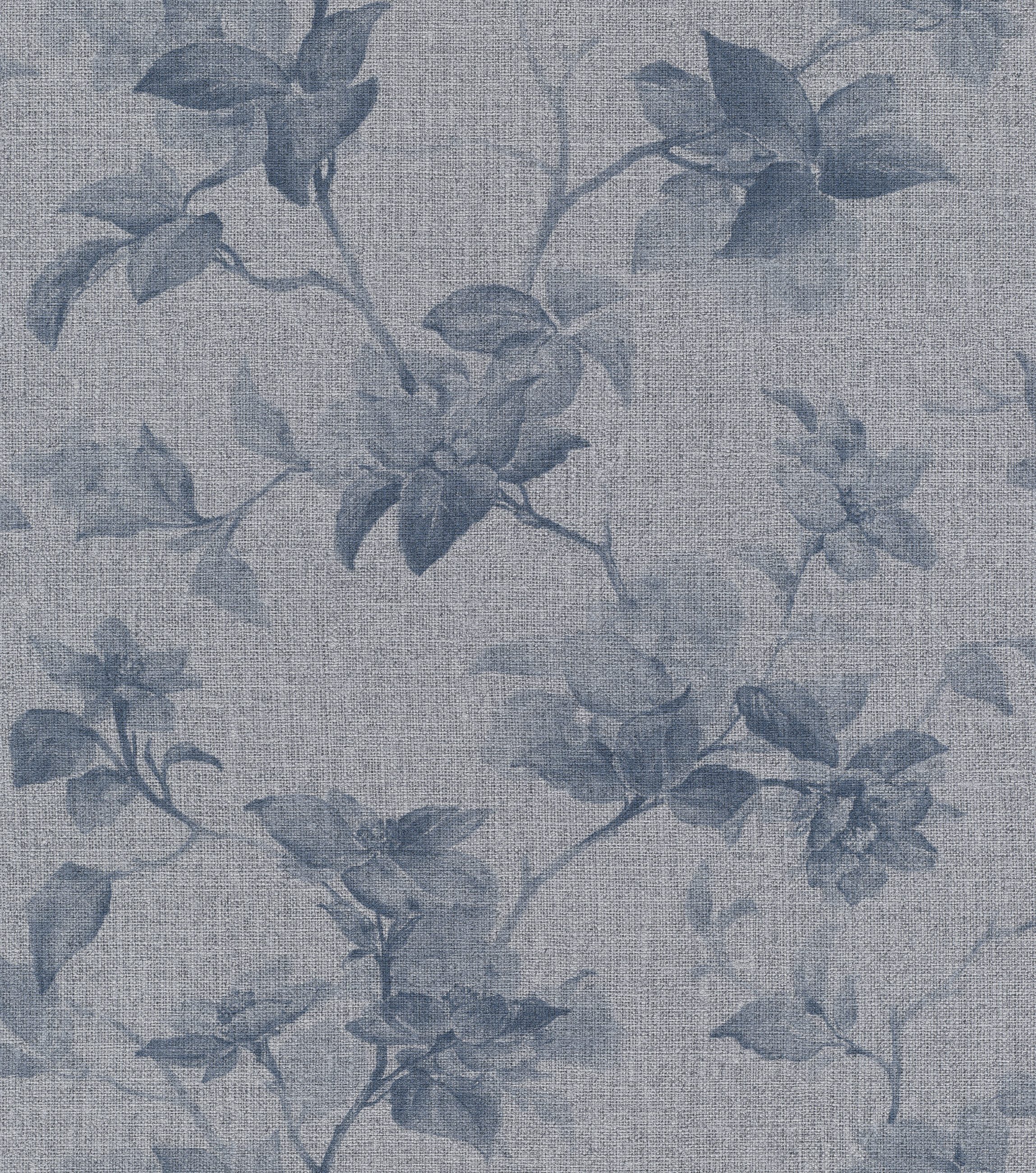 Rasch Vliestapete Blätter, Blüten & Zweige - Vinyltapete Blau, Ranken, Blumen, Natur, Blätter, Zweige, (1 Rolle, 1 St., Kollektion Atelier Tissé - 10,05 m x 0,53 m), gute Lichtbeständigkeit, feucht abwischbar, restlos abziehbar
