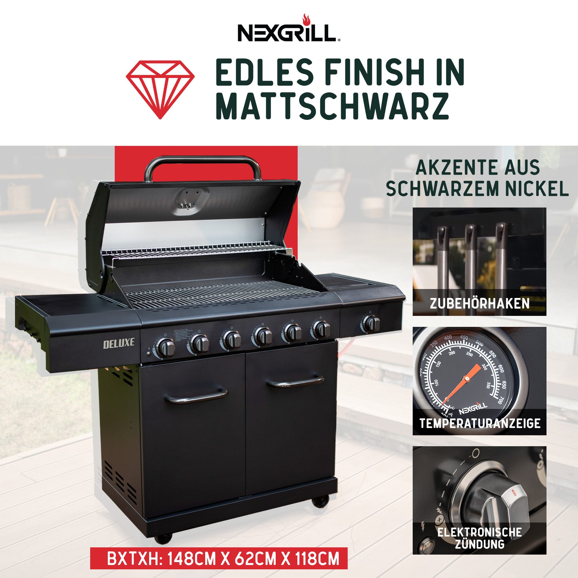 nexgrill Gasgrill 6B Deluxe 6+1 Brenner, Seitenkochfeld, Sondermodell Matt Schwarz, 21KW, Aufbaumaß: 148x62x119 cm