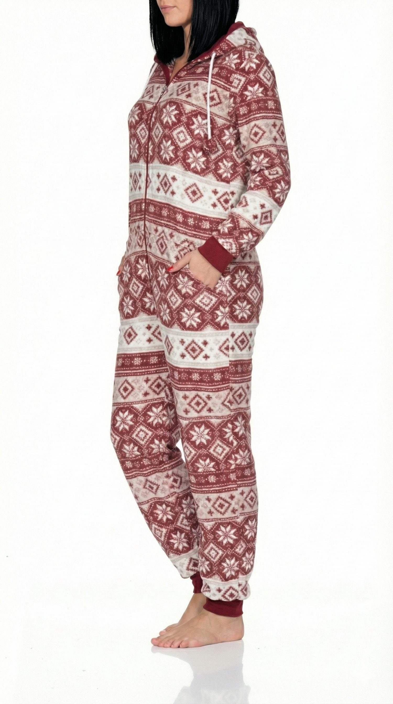 Normann Pyjama Damen Schlafanzug Jumpsuit Overall in Norweger Optik aus Coral Fleece – Bild 2 von 2