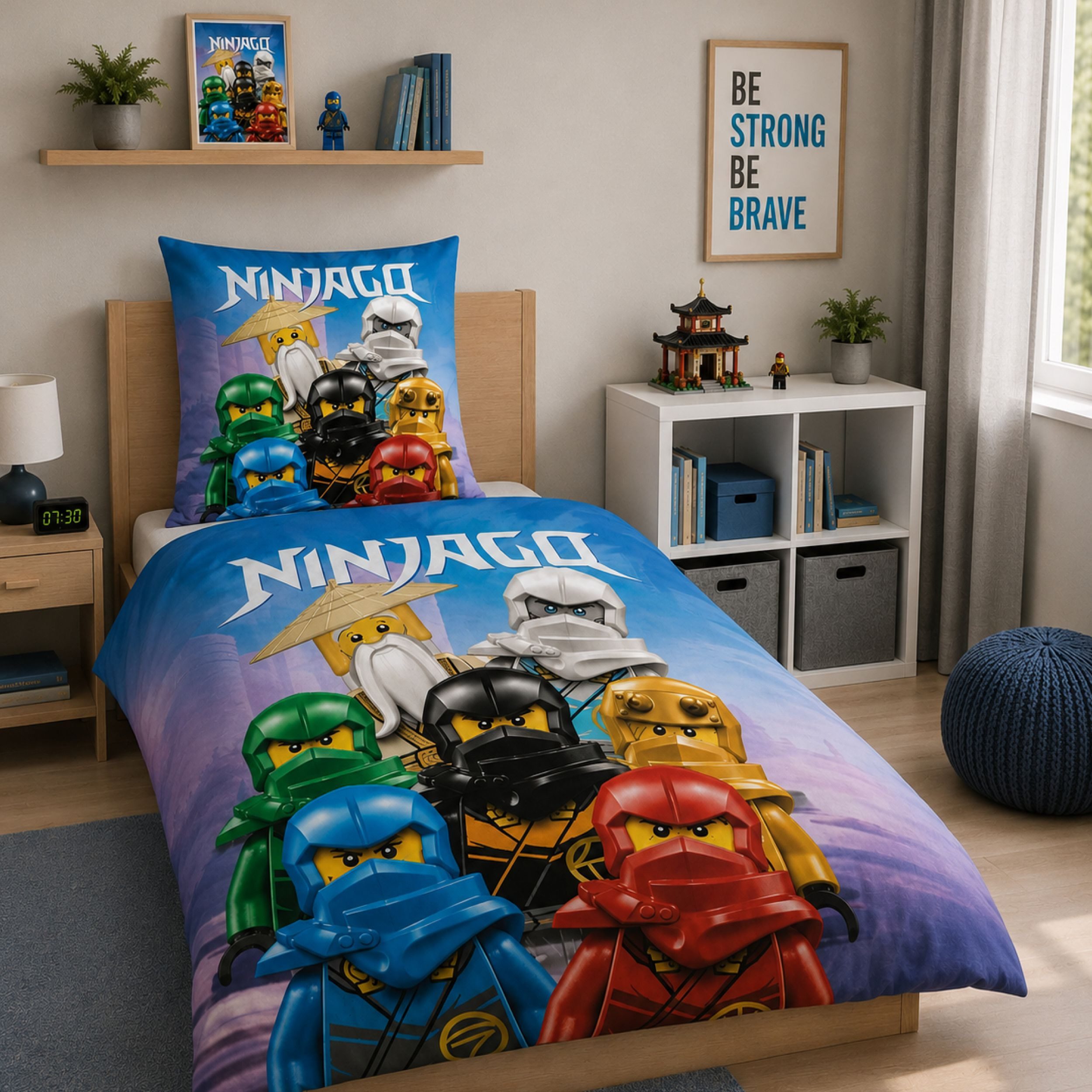 Familando Kinderbettwäsche Lego Ninjago Blau mit Lloyd Jay Kai uvm. aus 100% Baumwolle, Renforcé, 2 teilig, 135x200 80x80cm mit Reißverschluss, Wendebettwäsche