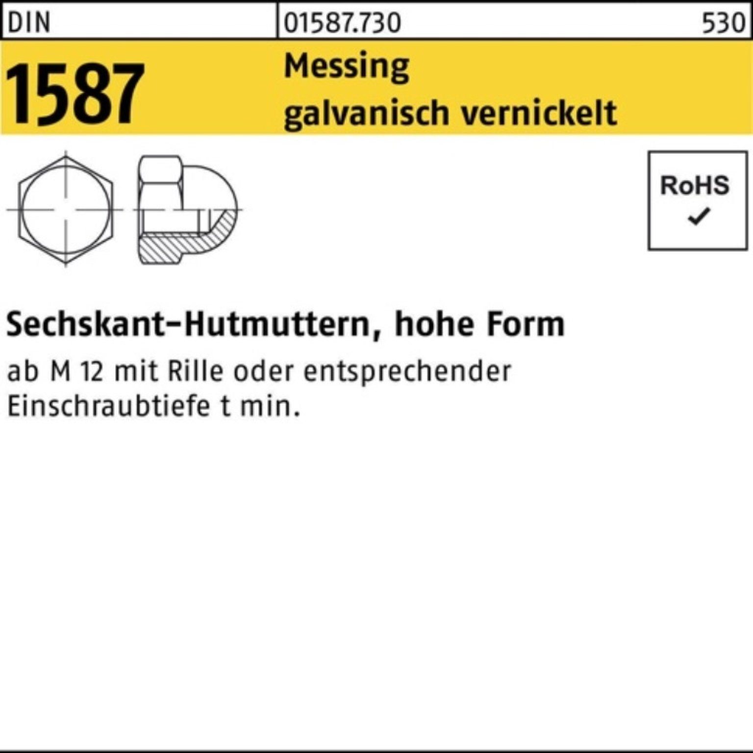 Reyher Hutmutter Pack 100 1587 Sechskanthutmutter 100er M3 DIN Messing galv. vernickelt