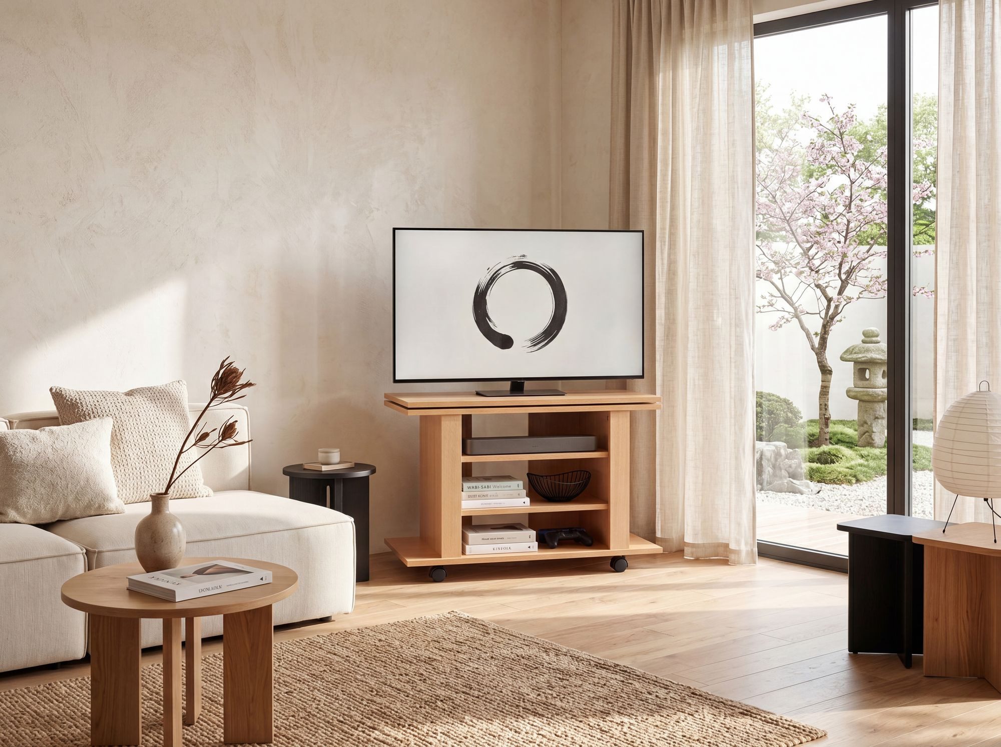 FINEBUY Lowboard FB36667 Fernsehschrank Rollbar Drehbar TV Bank Schrank Fernsehtisch (Buche 75x38x51, TV-Board mit Rollen Drehbar), Fernsehunterschrank mit Stauraum, HiFi Regal