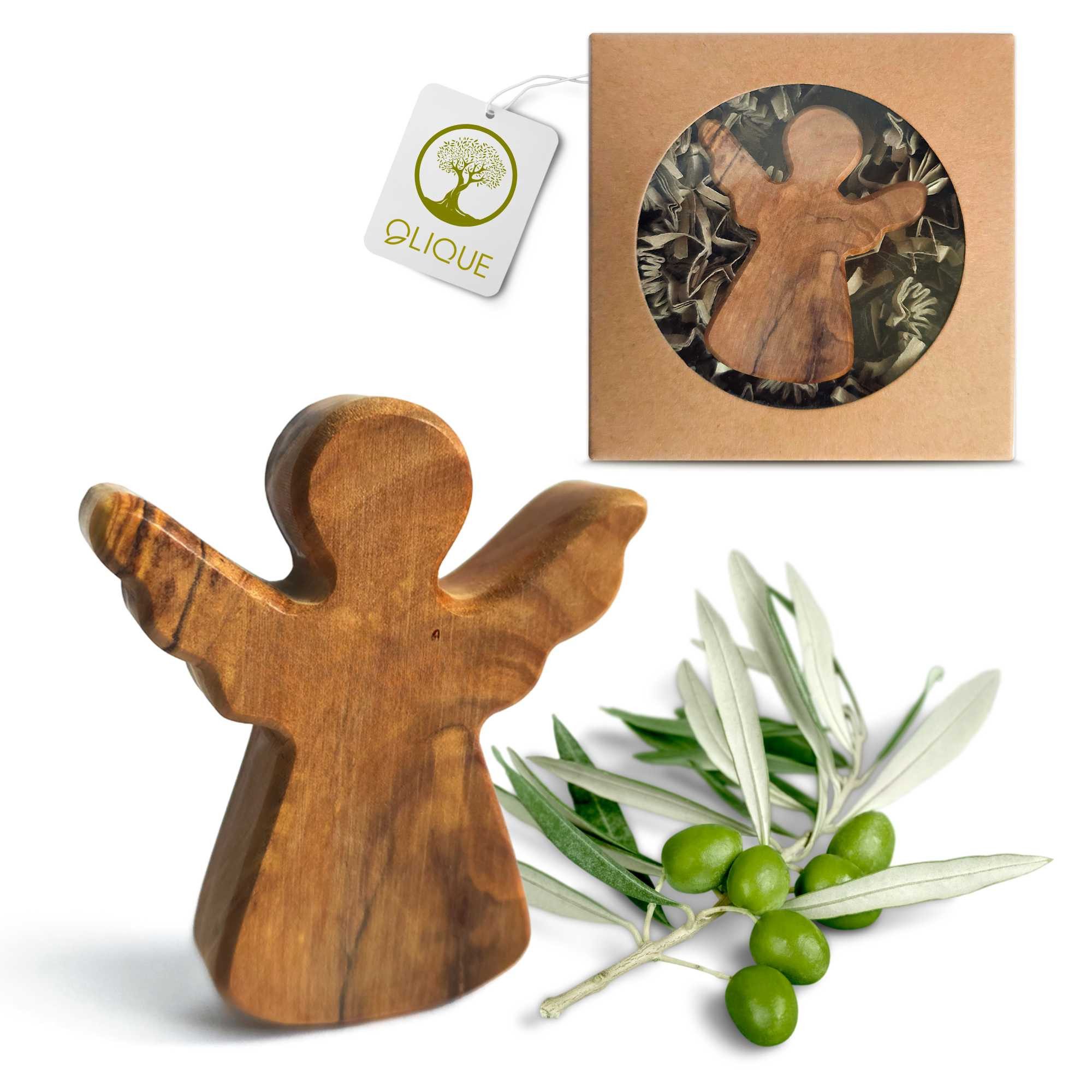 OLIQUE Engelfigur Handgemachter Handschmeichler aus Olivenholz - als Geschenk zur Geburt