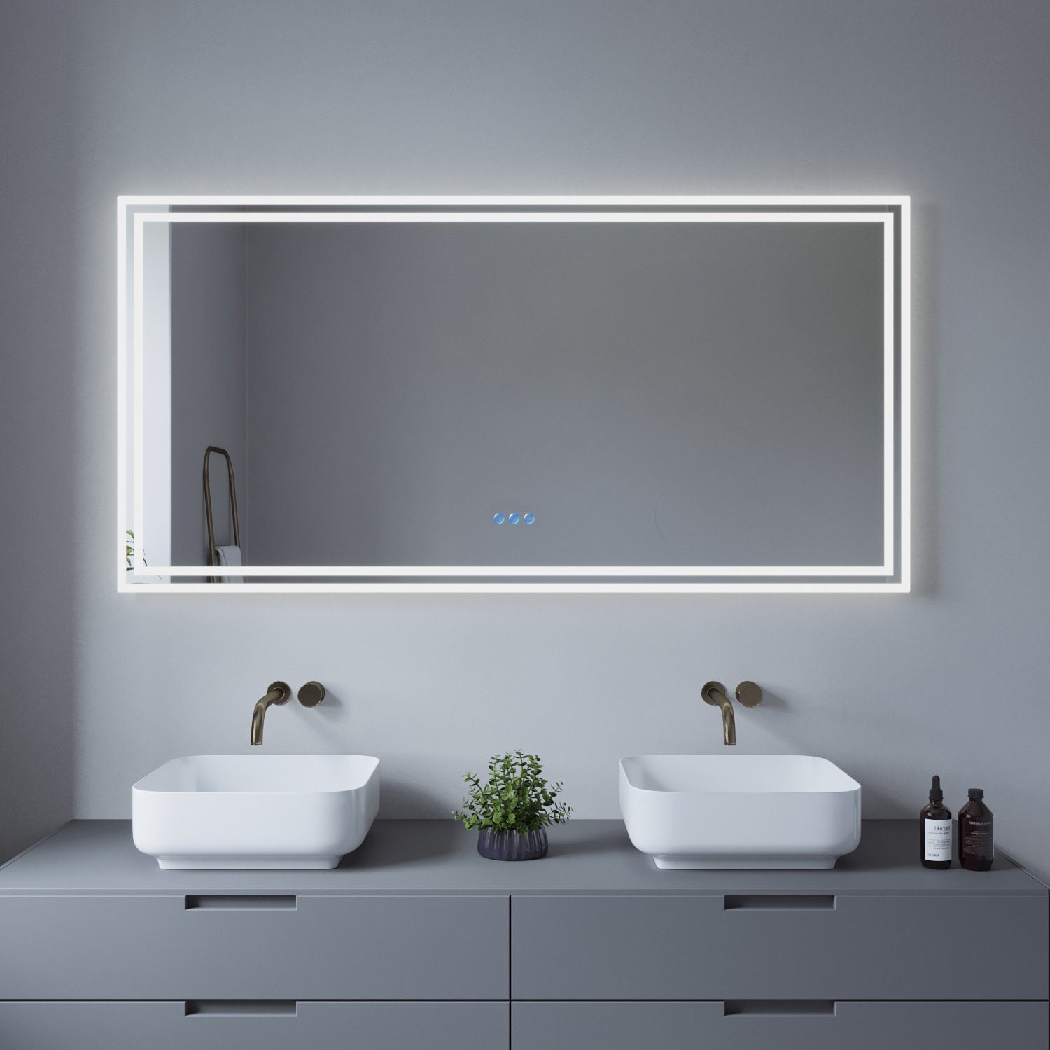 AQUALAVOS Badspiegel LED Badspiegel 140x70 cm Großer Badezimmer Wandspiegel mit Beleuchtung, 6400K Kaltweiß & Warmweiß 3000K, Energiesparend, Touchschalter