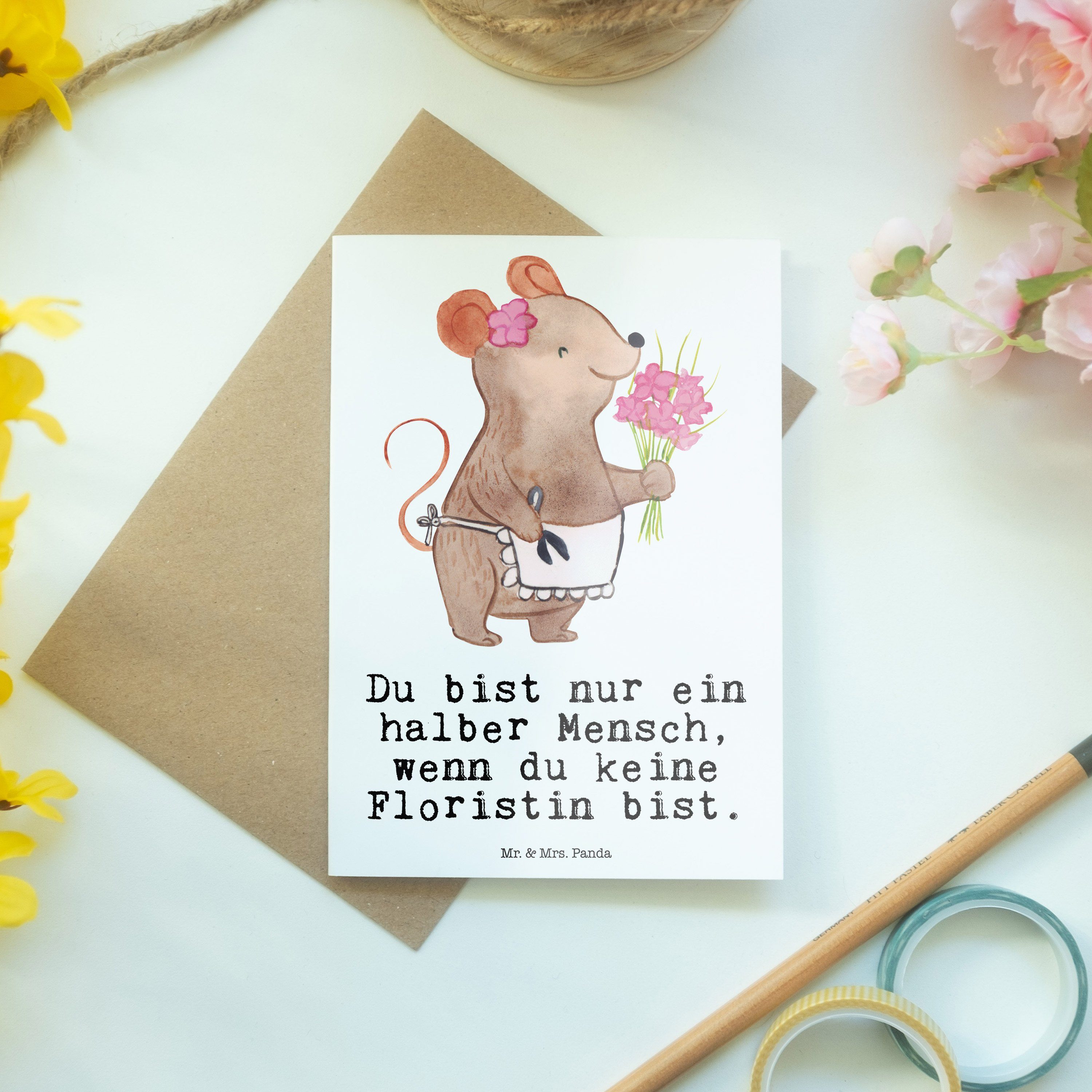 Panda Blumenhändlerin, Herz mit - Geschenk, - Floristin Einladungskart Mrs. Grußkarte & Weiß Mr.