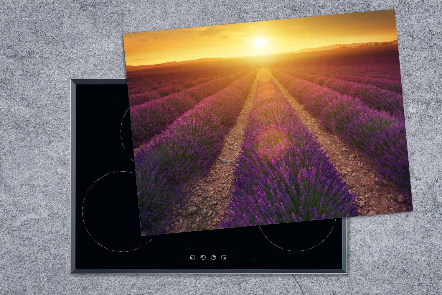 Vinyl, - Arbeitsfläche Ceranfeldabdeckung Herdblende-/Abdeckplatte Mobile Frankreich, MuchoWow - nutzbar, Lavendel 70x52 Sonnenuntergang tlg), (1 cm,