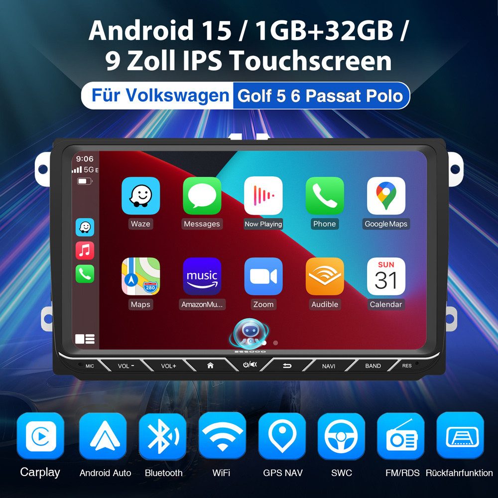ESSGOO 9" Android 15 Für VW Golf 5 6 Polo Passat Touran Sharan EOS Tiguan Autoradio (Digitalradio (DAB), RDS, FM, AM, Carplay Android Auto Navi WIFI BT EQ)
