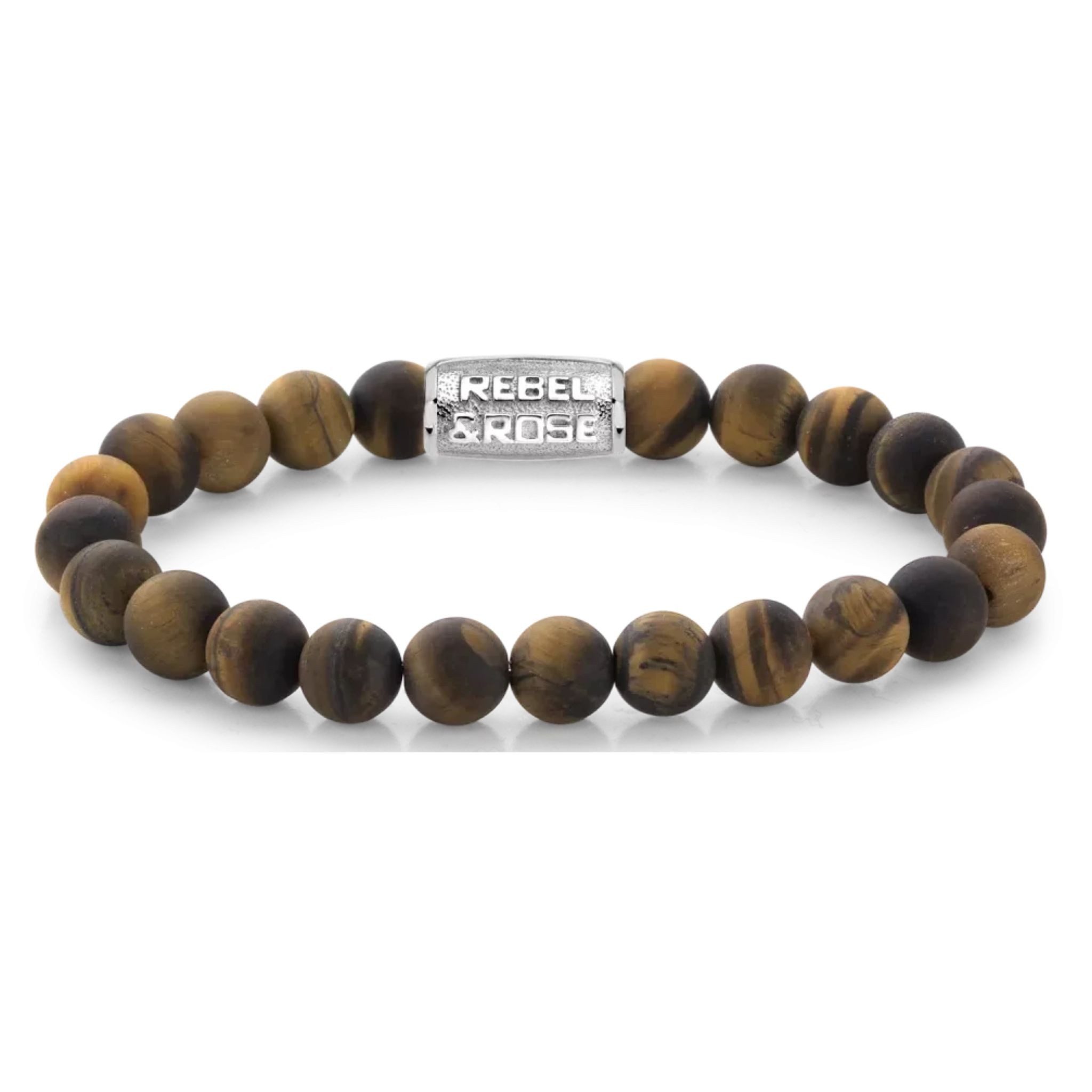 Rebel & Rose Armband Armband aus 8mm großen Tigerauge-Steinen mit Edelstahlverschluss