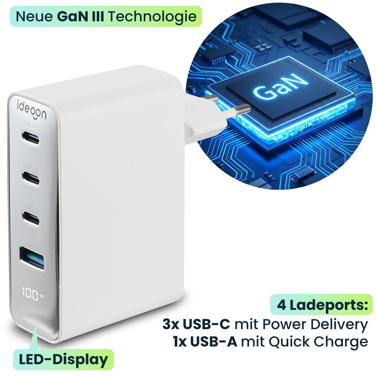 shop'n smile ideoon USB-Ladegerät 4 Ports 3x USB-C&1x USB-A Schnellladegerät LED-Display USB-Ladegerät (1-tlg., GaN III Technologie)