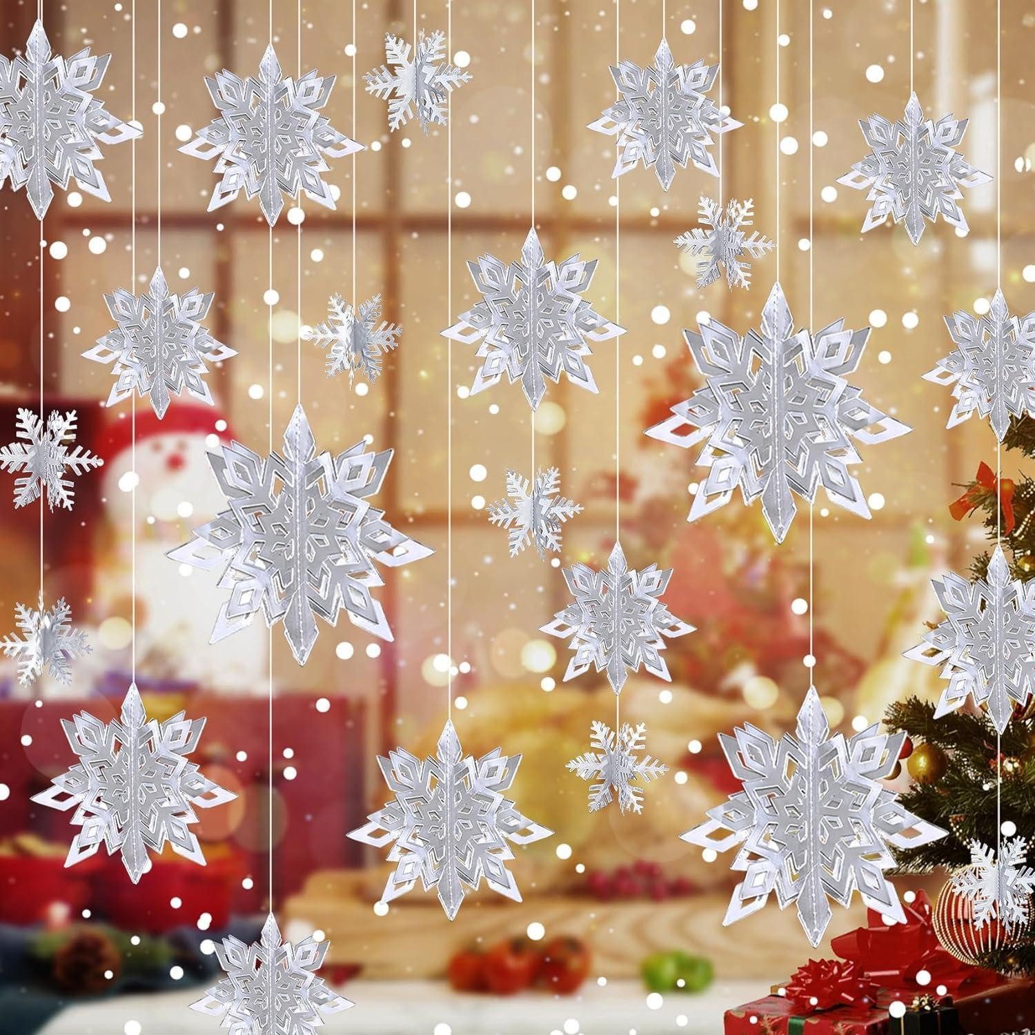 Hängedekoration 3D Schneeflocken Deko 24 Stück Weihnachtsdeko Silber Winterfest
