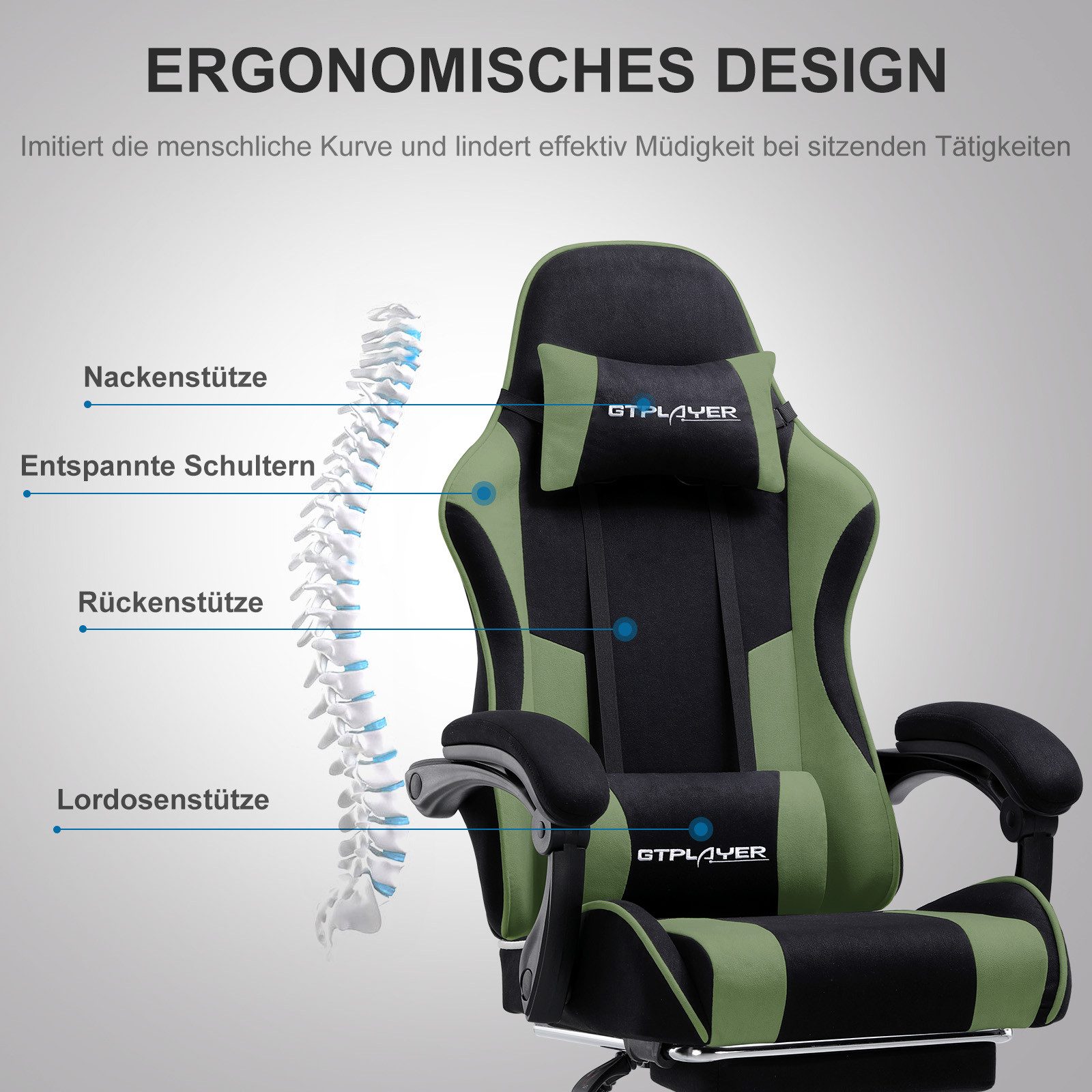 GTPLAYER Gaming-Stuhl Bürostuhl mit Massagefunktion, Fußstütze, Kopfstütze (Packung), Ergonomischer Gamer Stuhl Maximale Belastung 150 kg, 360° drehbar – Bild 2 von 5