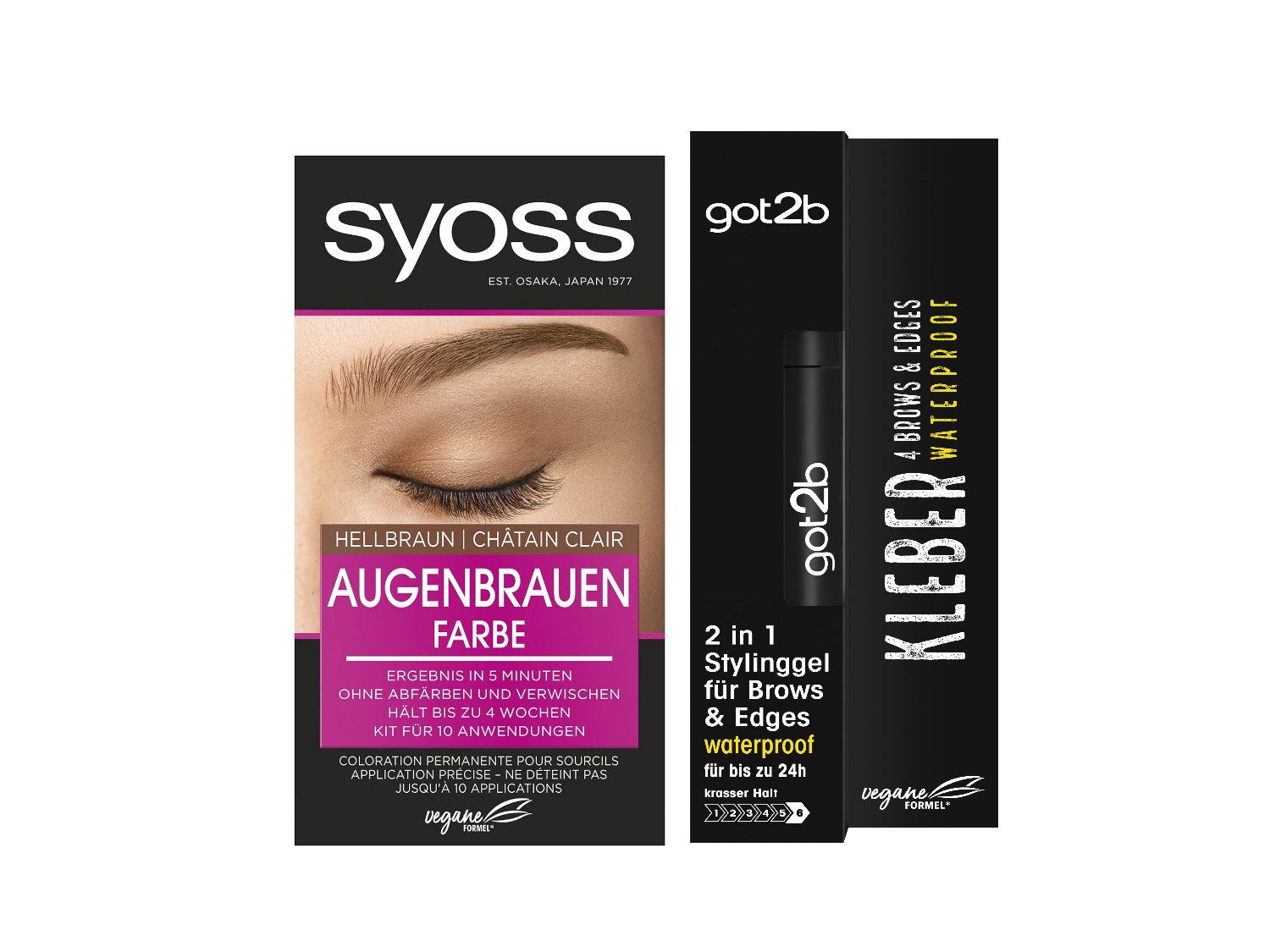 Syoss Augenbrauenfarbe Hellbraun 17ml & GOT2B 2in1 Stylinggel Kleber 4 Brows & Edges16ml, 2-tlg., langanhaltend, schweiß- & wasserfest bis zu 24h