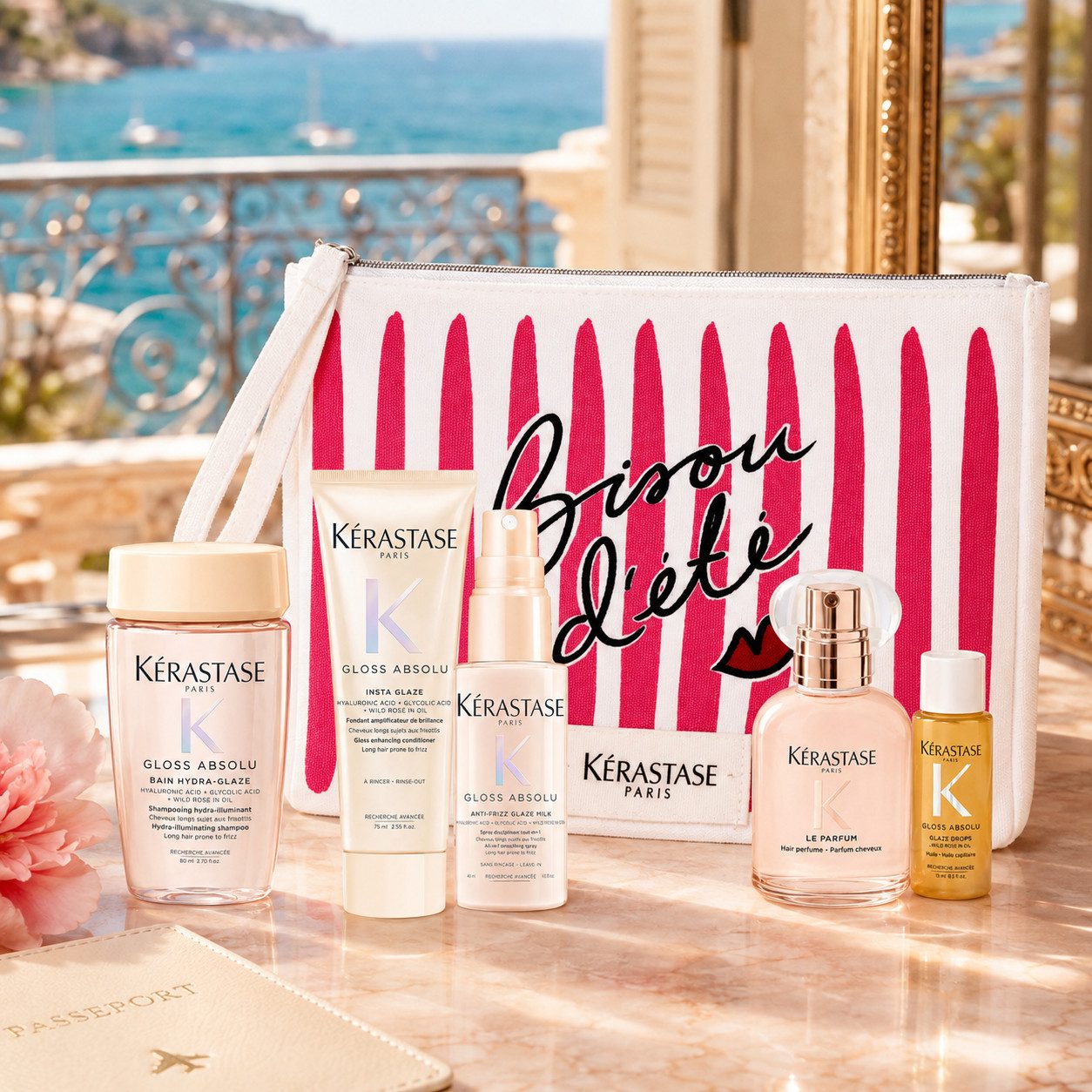 Kérastase Haarpflege-Set Gloss Absolu Summer Travel Set, 6-tlg., Glanzpflege, Haarparfum & exklusiver Beauty-Bag