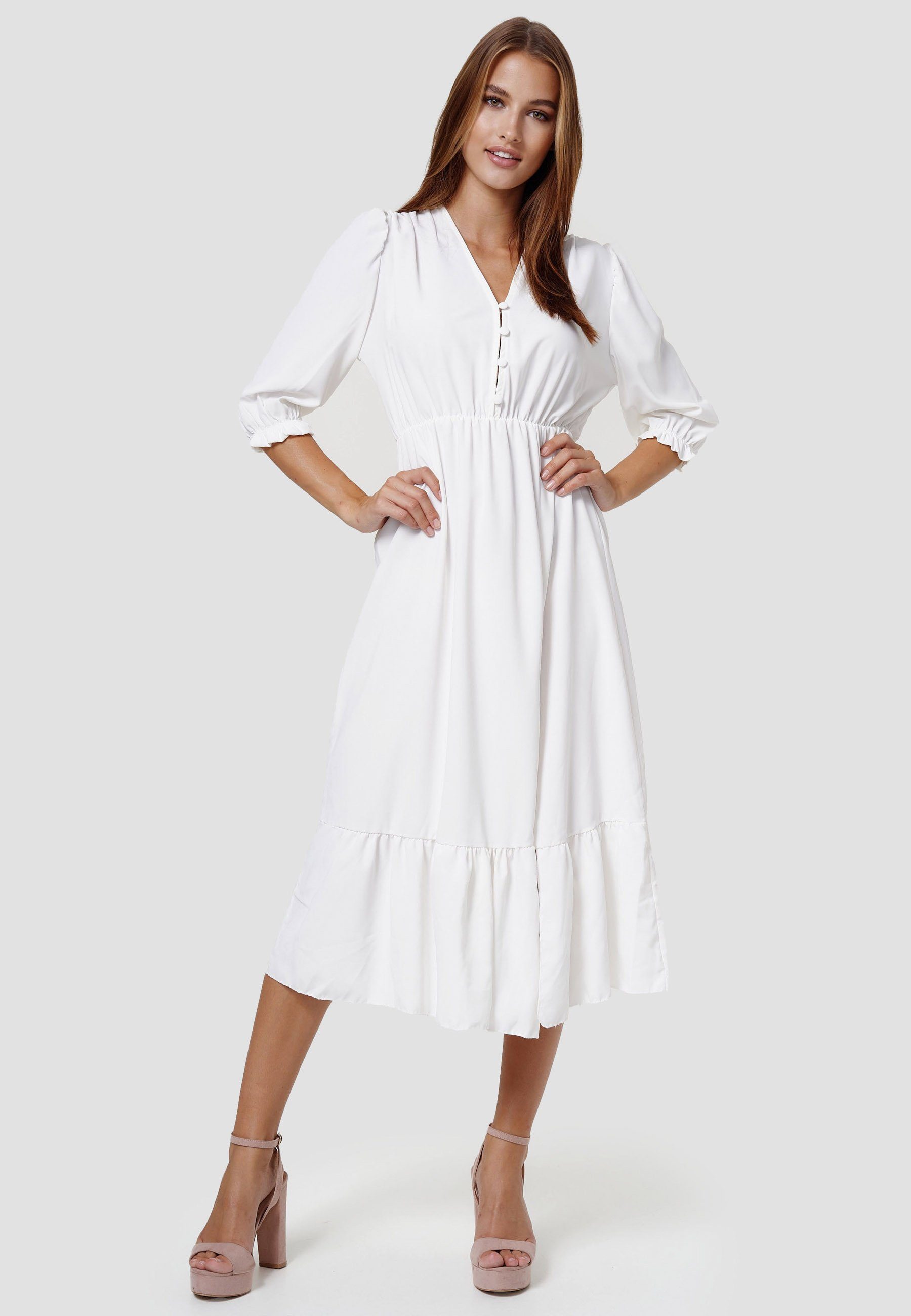 (Romantisches Weiß Rüsche Sommerkleid und Rayshyne Schlitz) mit RS15 Kleid