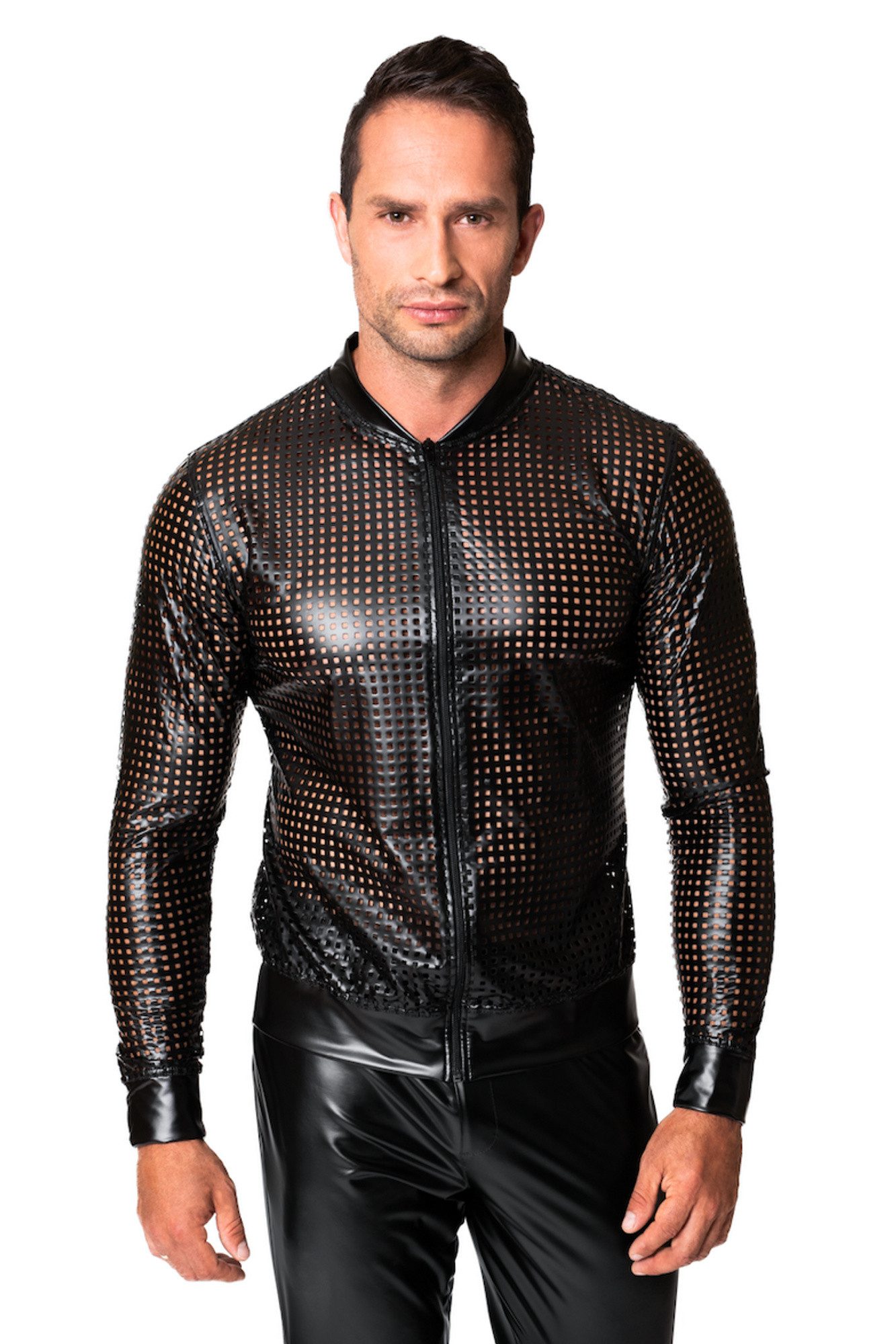 Noir Handmade Men Collection Lederimitatjacke Schwarze Herren wetlook Jacke perforiert mit Reißverschluss