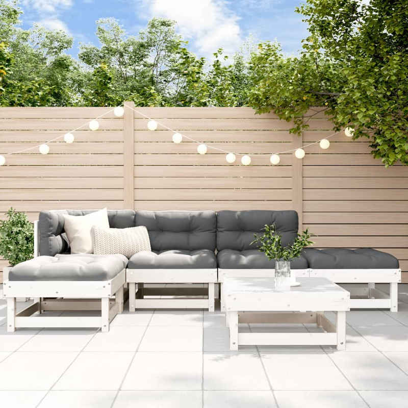 vidaXL Gartenlounge-Set 6-tlg. Garten-Lounge-Set mit Kissen Weiß Massivholz, (6-tlg)