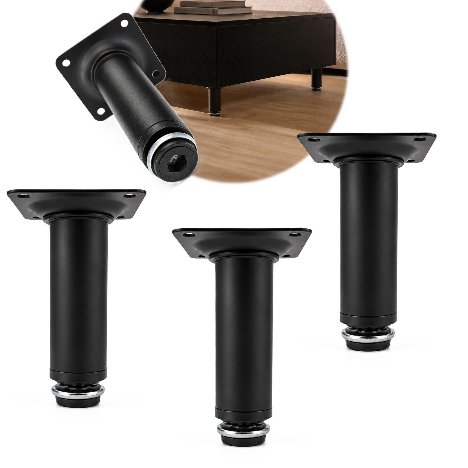 HOOZ Möbelfuß Edelstahl Schwarz Matt 80mm höhenverstellbar 4er Set Ø30mm, (Set, 4-St., 4er-Set Möbelbeine), Schwarz Matt, Ø 30 mm, höhenverstellbar bis 15 mm