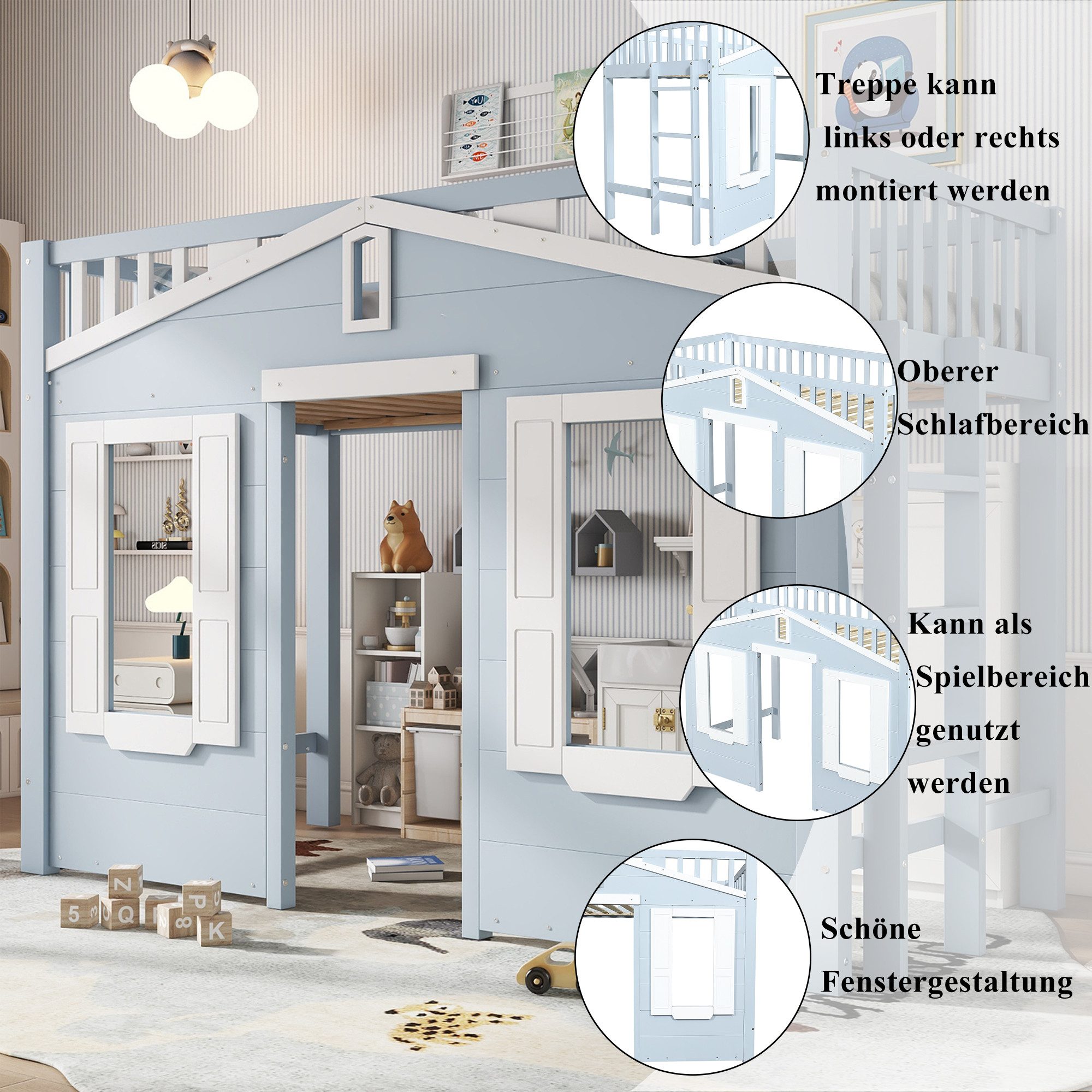 HAUSS SPOLE Hochbett 90x200 mit Geländer&Fenster,Jugendbett Kinderbett in Hausform (mit stabilem Leiter, flexiblem Stauraum unter dem Bett und schöner Fenstergestaltung, 90x200cm) ohne Matratze