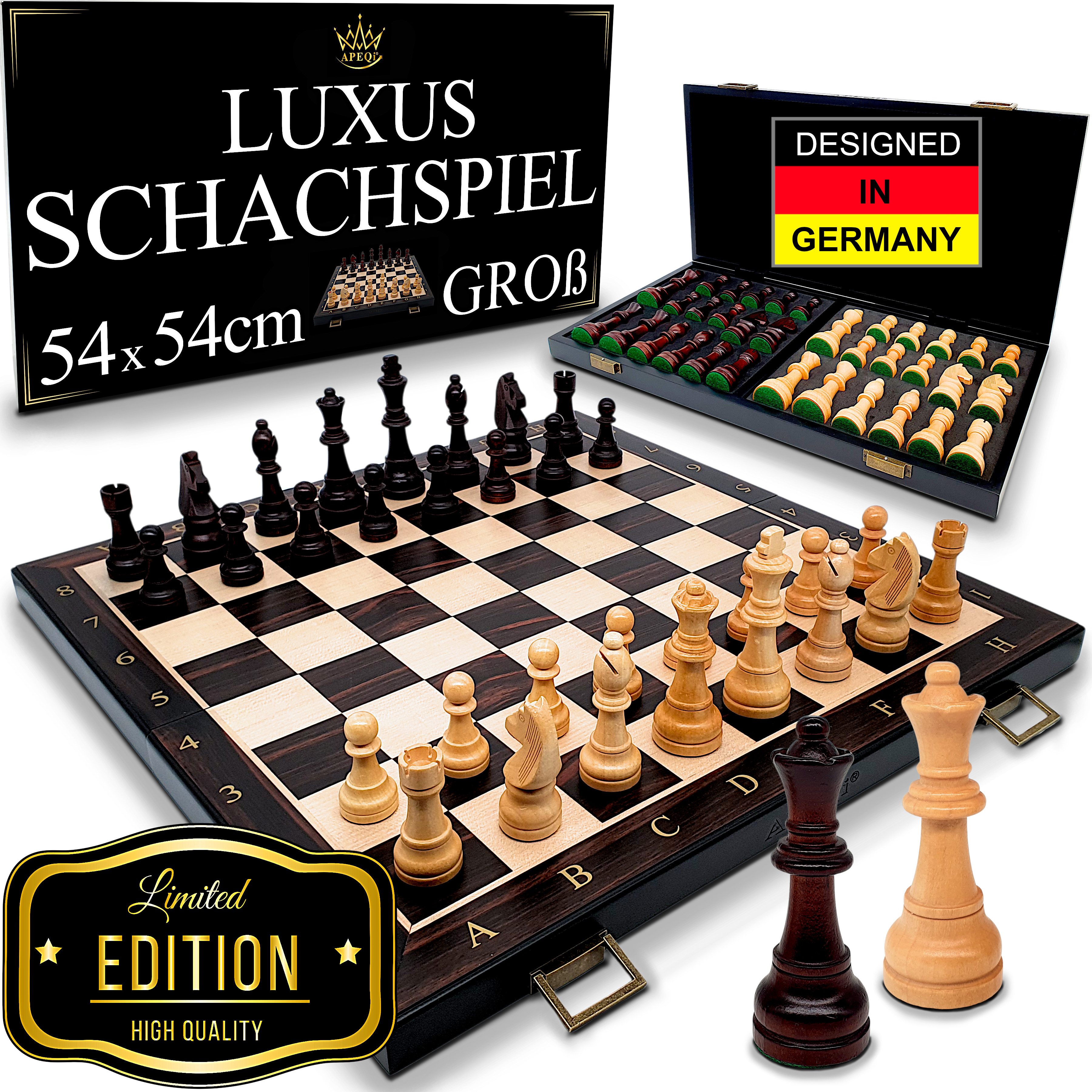 APEQi Spiel PREMIUM Schach - Schachspiel Holz hochwertig - Schachbrett mit Figuren, Massivholz, 2 EXTRA-Damen, Geschenkidee, klappbar, 34 Schachfiguren