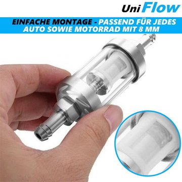 MAVURA Kraftstoff-Filterkopf UniFlow Universal Kraftstofffilter Kraftstoff Filter Chrom Glas, Benzin Diesel Universalfilter KFZ Auto Motorrad Aluminium 8mm