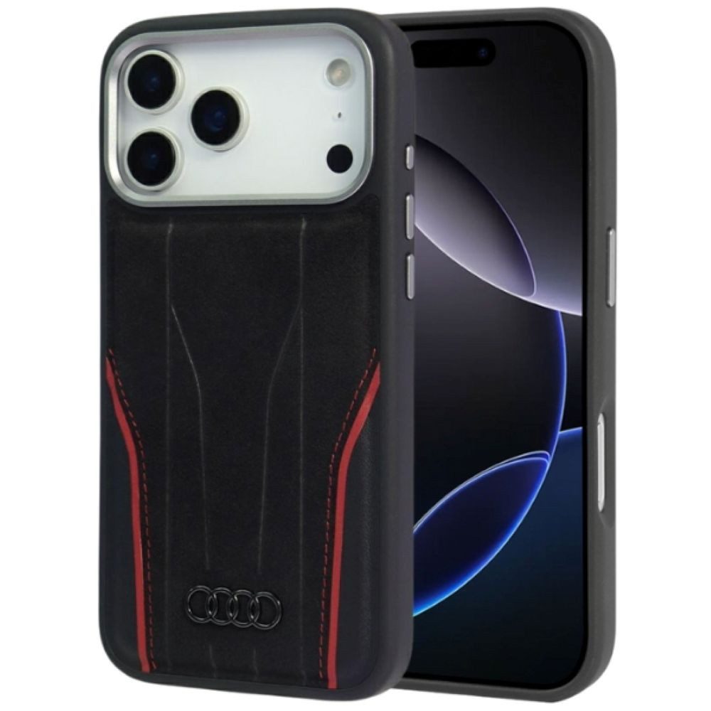 Audi Handyhülle iPhone 17 Pro Max Echtleder R8 MagSafe schwarz rot Logo Metall 6,9 Zoll, Kantenschutz