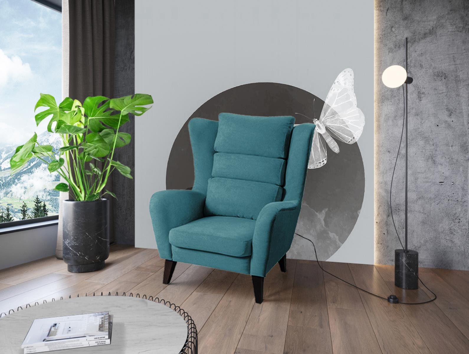 Beautysofa Sessel Atlas (Loungesessel für Wohnzimmer, Relaxsessel aus Velvetstoff), Polstersessel mit Holzbeine (Buche oder Wenge) Grün (mono 238)