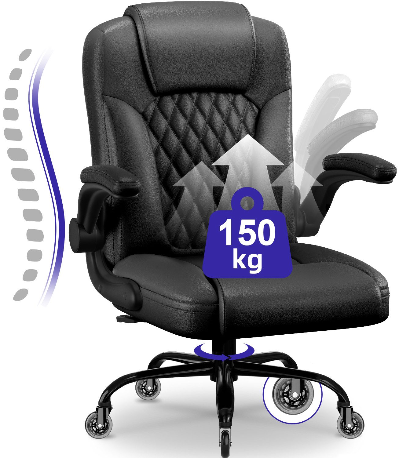 Fukstern Bürostuhl Ergonomischer Bürostuhl mit 90° klappbaren Armlehnen (Atmungsaktiver Mesh-Bezug, Rücken- und Taillenstütze, Neigung fixierbar bei 90° (maximal kippbar bis 120), bis 150 kg belastbar