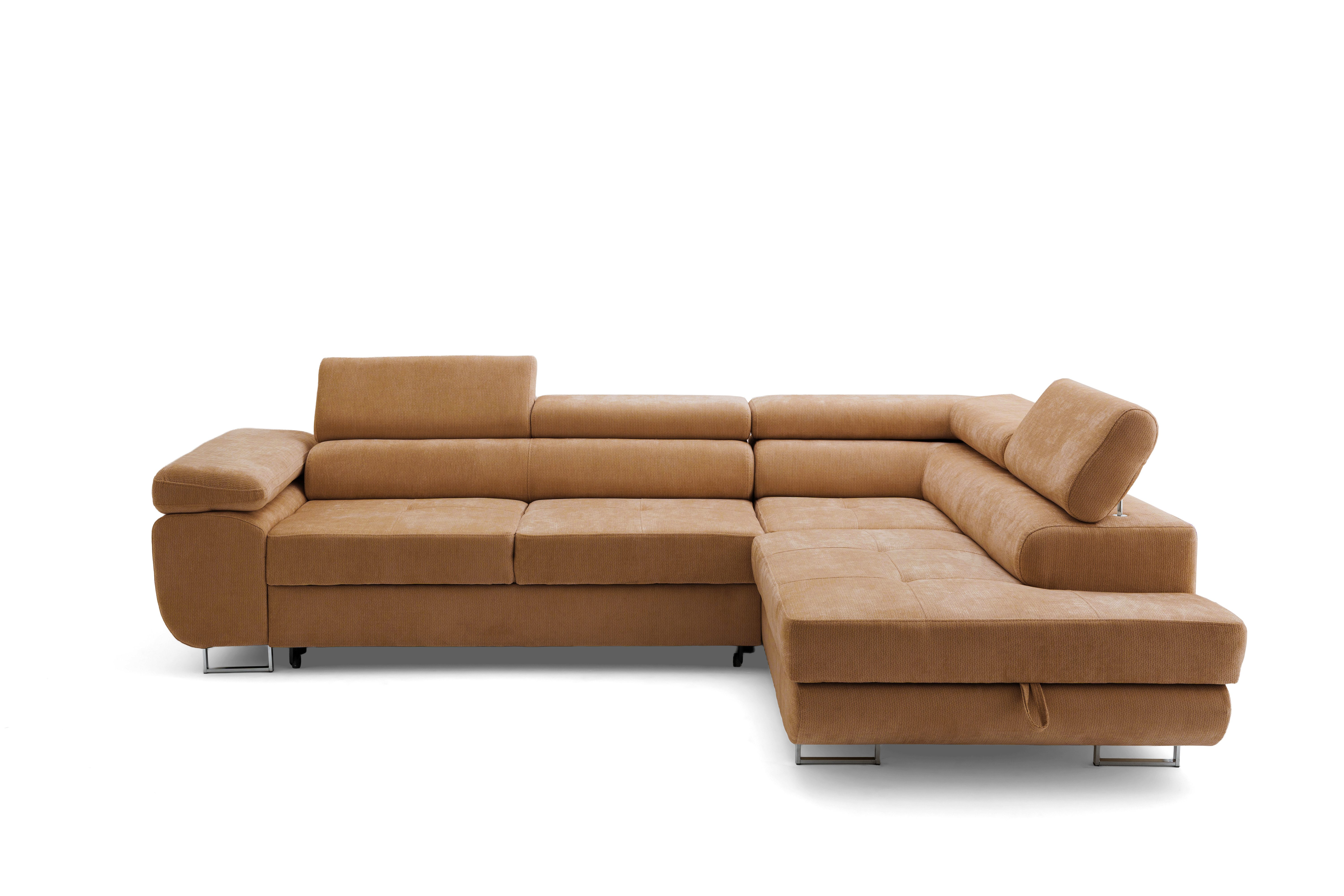 Muffo Ecksofa Wild Ecksofa mit Schlaffunktion, Verstellbare Kopfstützen, Schlaffunktion mit Bettkasten